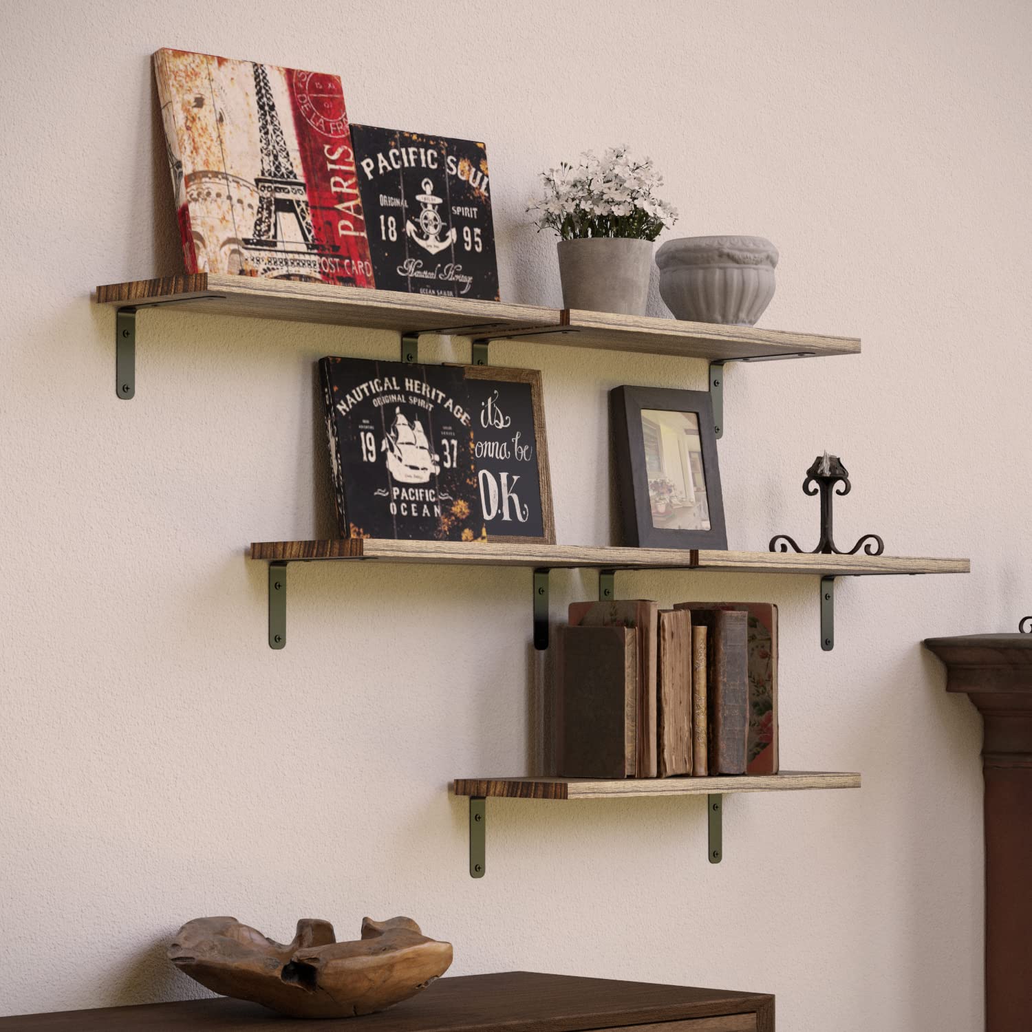RICHER HOUSE Set of 5 Rustic Wood Floating Shelves - Farmhouse Style Wall Decor for Bathroom, Bedroom, Kitchen & Living Room | Carbonized Black | Perfect for Home Storage & Displaying Decorative Items