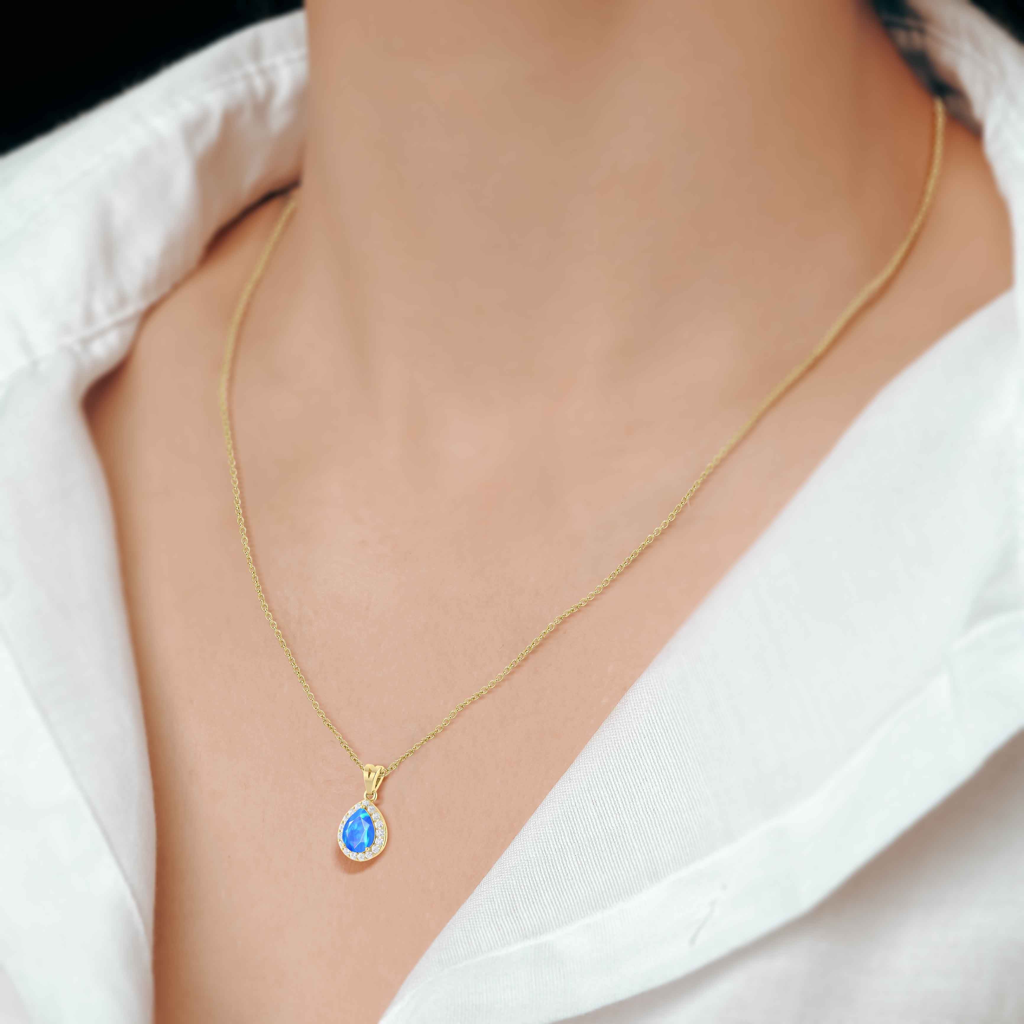Natural Blue Opal & White Zircon Halo Pendant Necklace - Elegant Sterling Silver Chain Jewelry for Women, Perfect for Weddings, Parties & Everyday Wear