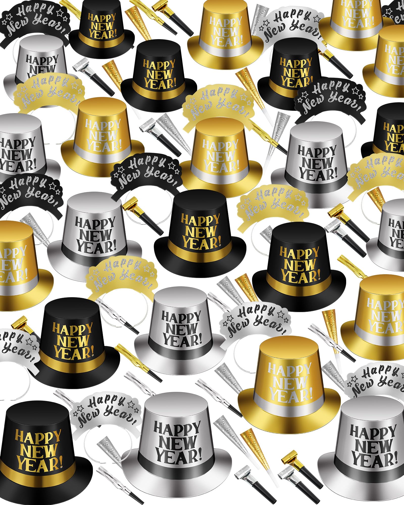 Syhood 200 Pcs New Year's Eve Party Kit 2025 - Top Hat, Headband, Tiaras & Horn Blowouts for 100 Guests | NYE Celebration, Countdown Party, Ball Drop Event Supplies
