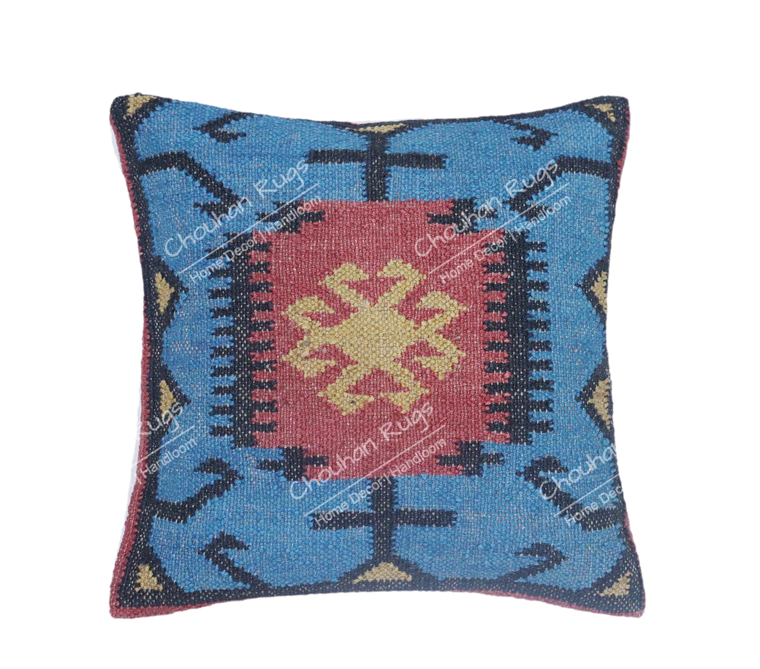Handmade 45x45cm 4-Piece Jute Cushion Covers Set - Bohemian Kilim Throw Pillow Covers with Moroccan Design for Sofa, Bed & Home Decor