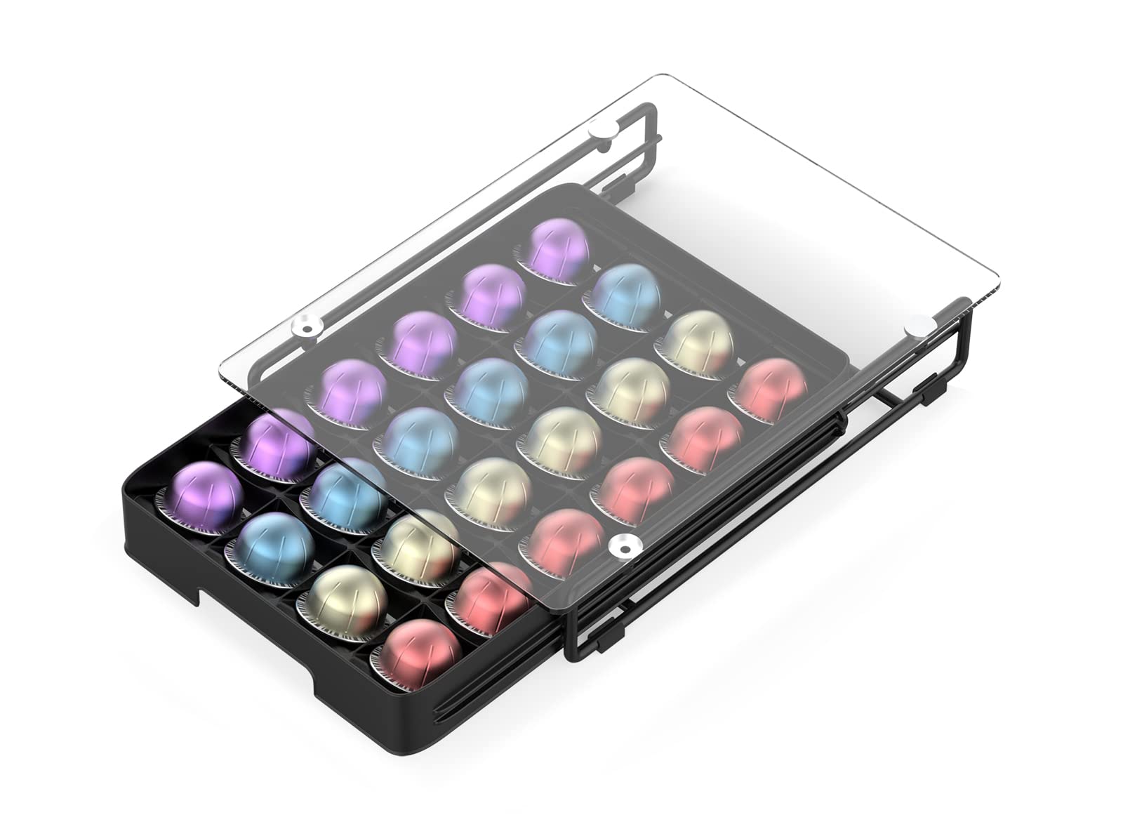 EVERIE 3-Inch Slim Crystal Clear Tempered Glass Drawer Organizer for Nespresso Vertuo Capsules - Holds 24 VertuoLine Coffee Pods - Perfect for Kitchen Countertop & Coffee Station Organization (Model NP06)