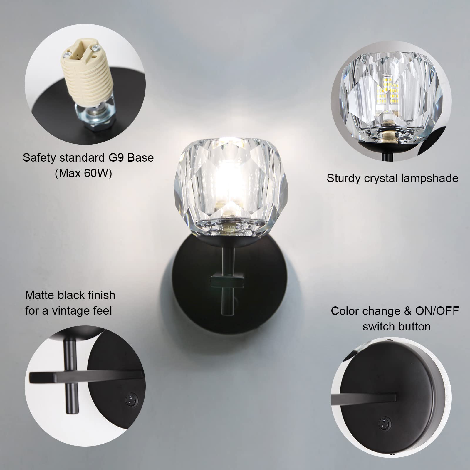 Modern Black Crystal Globe Wall Sconces - Set of 2 with Switch Button, Indoor Wall Mount Lighting Fixtures for Bedroom, Hallway & Living Room - Elegant Home Decor Lighting Solution