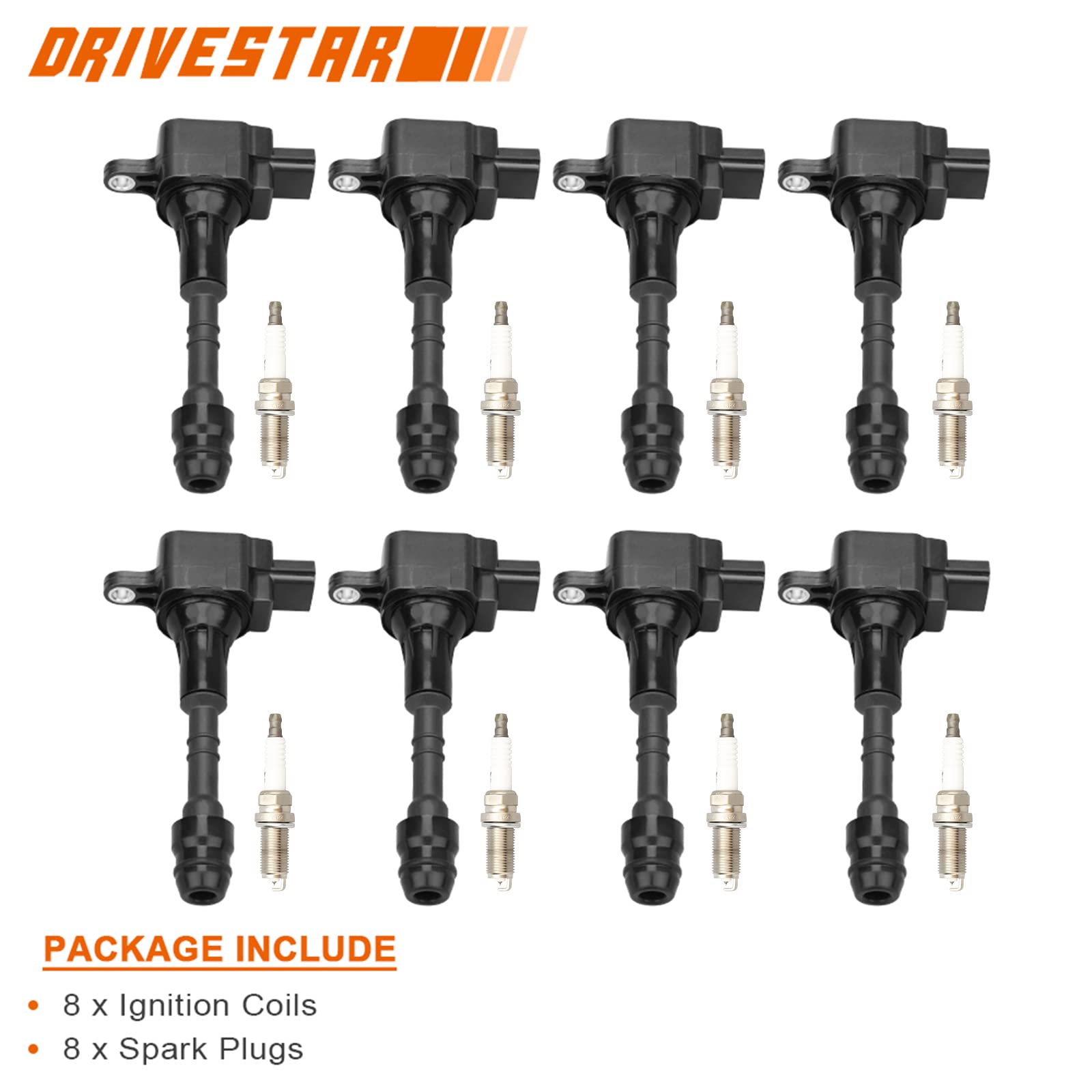 DRIVESTAR 8-Piece Iridium Spark Plugs & Ignition Coil Pack Kit - Compatible with 2004-2006 Infiniti QX56 5.6L V8 & 2005-2006 Nissan Armada 5.6L V8 - Direct Replacement UF510 - Improve Engine Performance & Fuel Efficiency