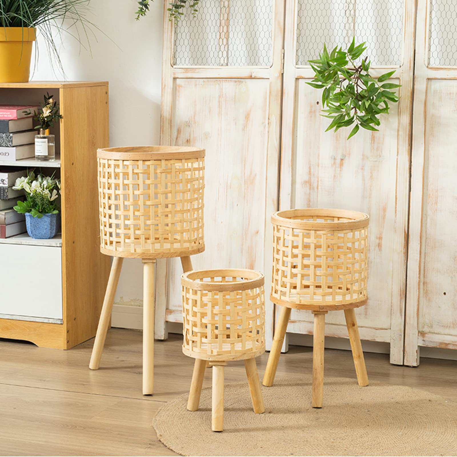 Natural Bamboo Woven Plant Pot Stand with Wooden Legs - Indoor Rattan Basket Flower Pot Holder - Boho Chic Floor Plant Stand for Home Decor, Living Room, Bedroom & Office Display (Khaki, Small)