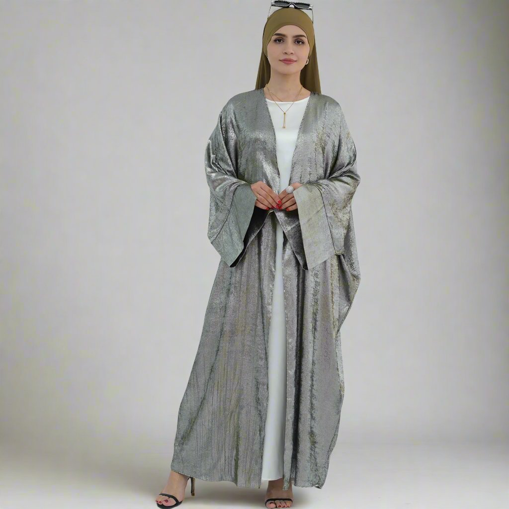 Celine Shimmer Kimono Open Abaya - Olive Green Islamic Abaya Dress for Women | Elegant Loose Fit Abaya for Prayer, Mosque, Eid & Special Occasions
