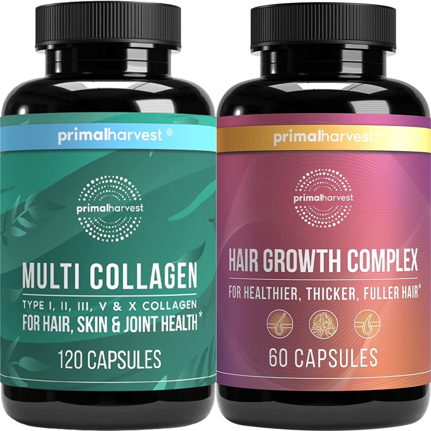 Primal Harvest Collagen Peptides & Hair Growth Capsules for Women and Men - Skin, Hair & Nails Supplement | Supports Healthy Hair Growth & Skin Elasticity | Perfect for Daily Wellness Routine & Beauty Enhancement