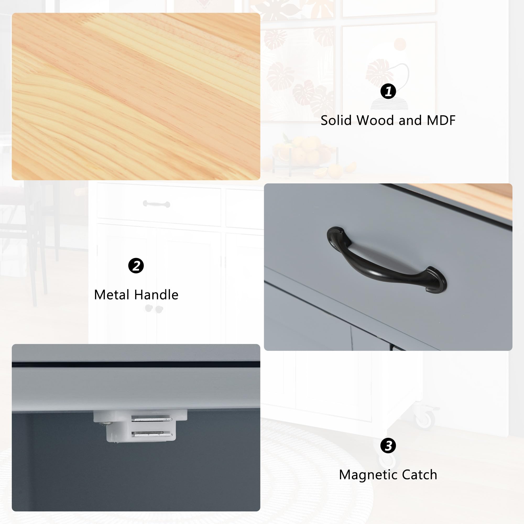 Solid Wood Top Kitchen Island on Wheels with 2 Drawers & Storage Cabinets - Large Rolling Kitchen Cart for Cooking Prep & Entertaining in Dusty Blue - Perfect for Small Kitchens, Dining Areas & Open Concept Living Spaces