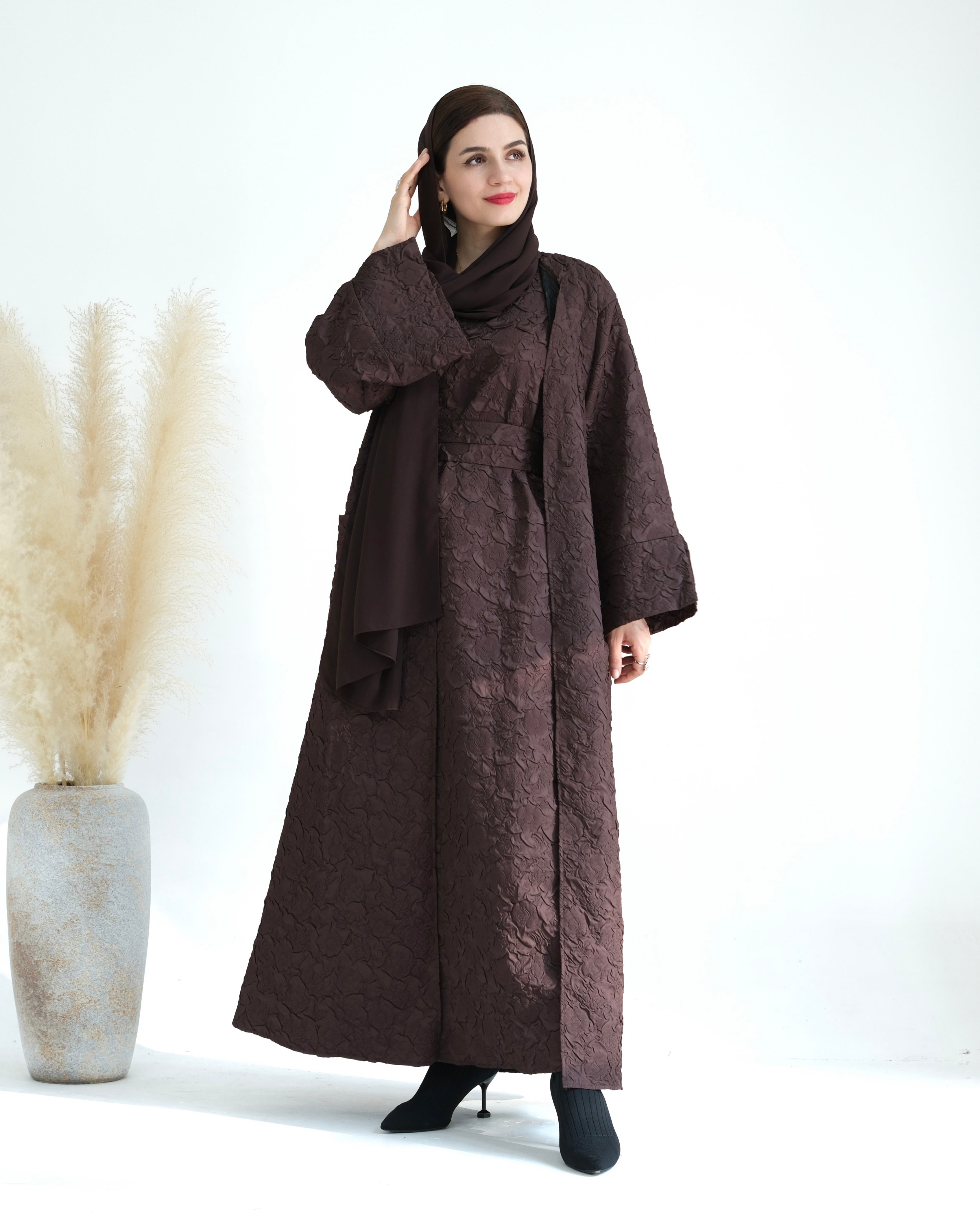 Elegant Eva Textured Abaya Set in Cocoa - Modest Islamic Prayer Dress for Women - Perfect for Eid, Ramadan, and Special Occasions