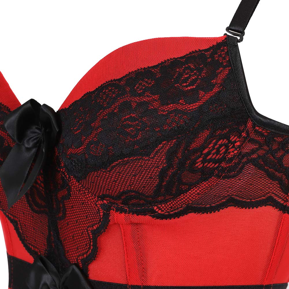 Zhitunemi Women's Victorian Lace Mesh Push Up Bustier Corset Top with Garter - Plus Size Lingerie Set for Boudoir, Bridal, and Special Occasions