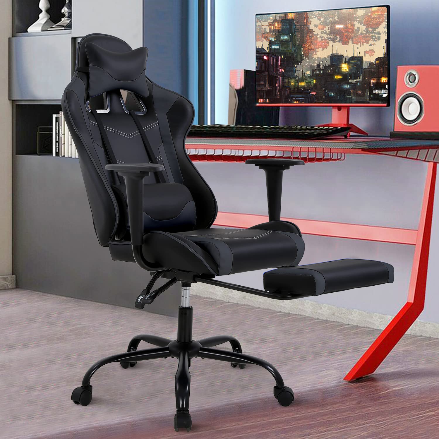 Ergonomic PC Gaming Chair - High Back PU Leather Racing Office Chair with Adjustable Lumbar Support & Headrest, Swivel Rolling Task Chair for Adults & Teens - Perfect for Gaming, Streaming & Home Office (Grey)
