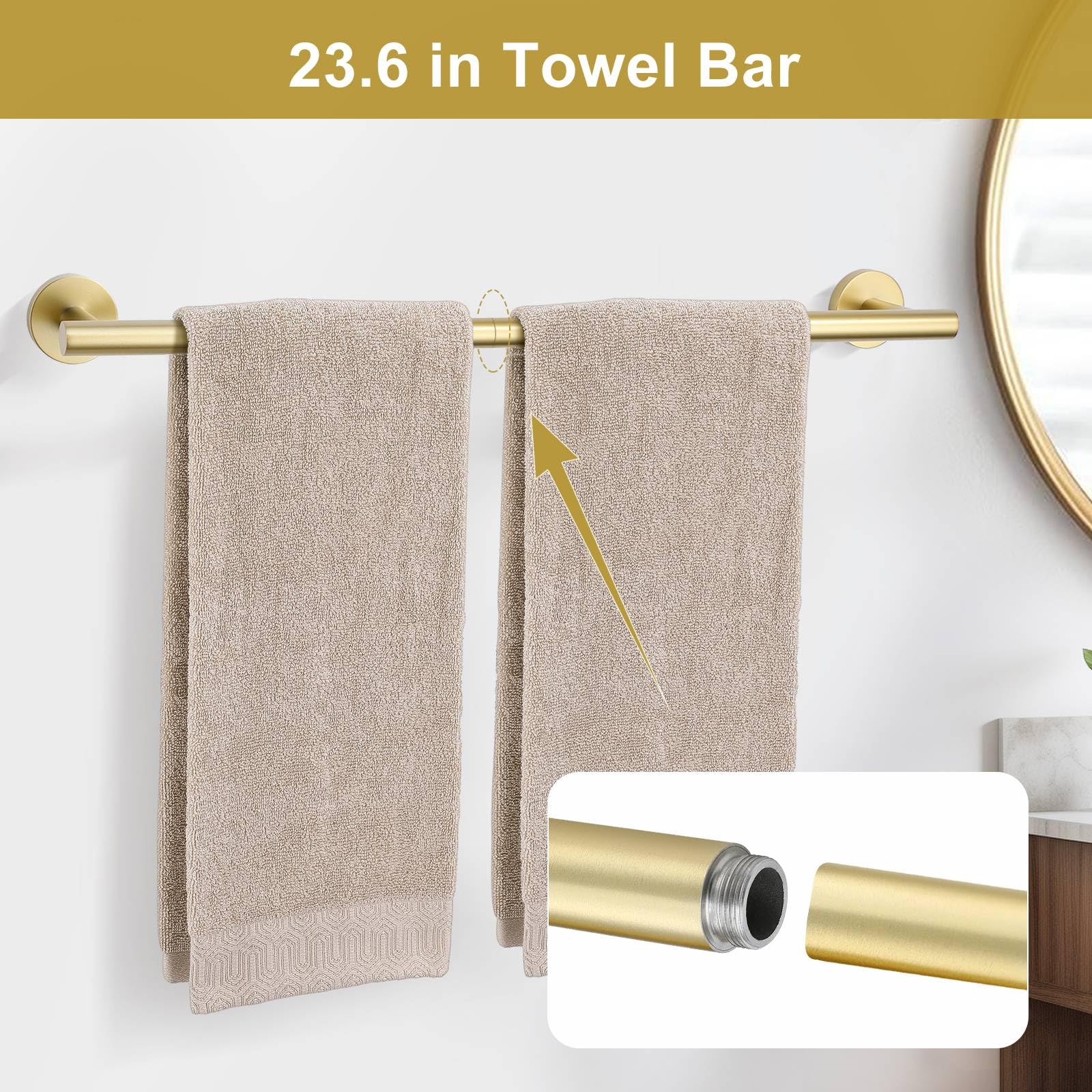 5-Piece Brushed Gold Towel Bar Set - Stainless Steel Bathroom Hardware Accessories (23.6 Inch) - Includes Upgraded Toilet Paper Holder & Wall Mounted Towel Rack - Perfect for Modern Bathrooms, Powder Rooms & Spa-Style Decor