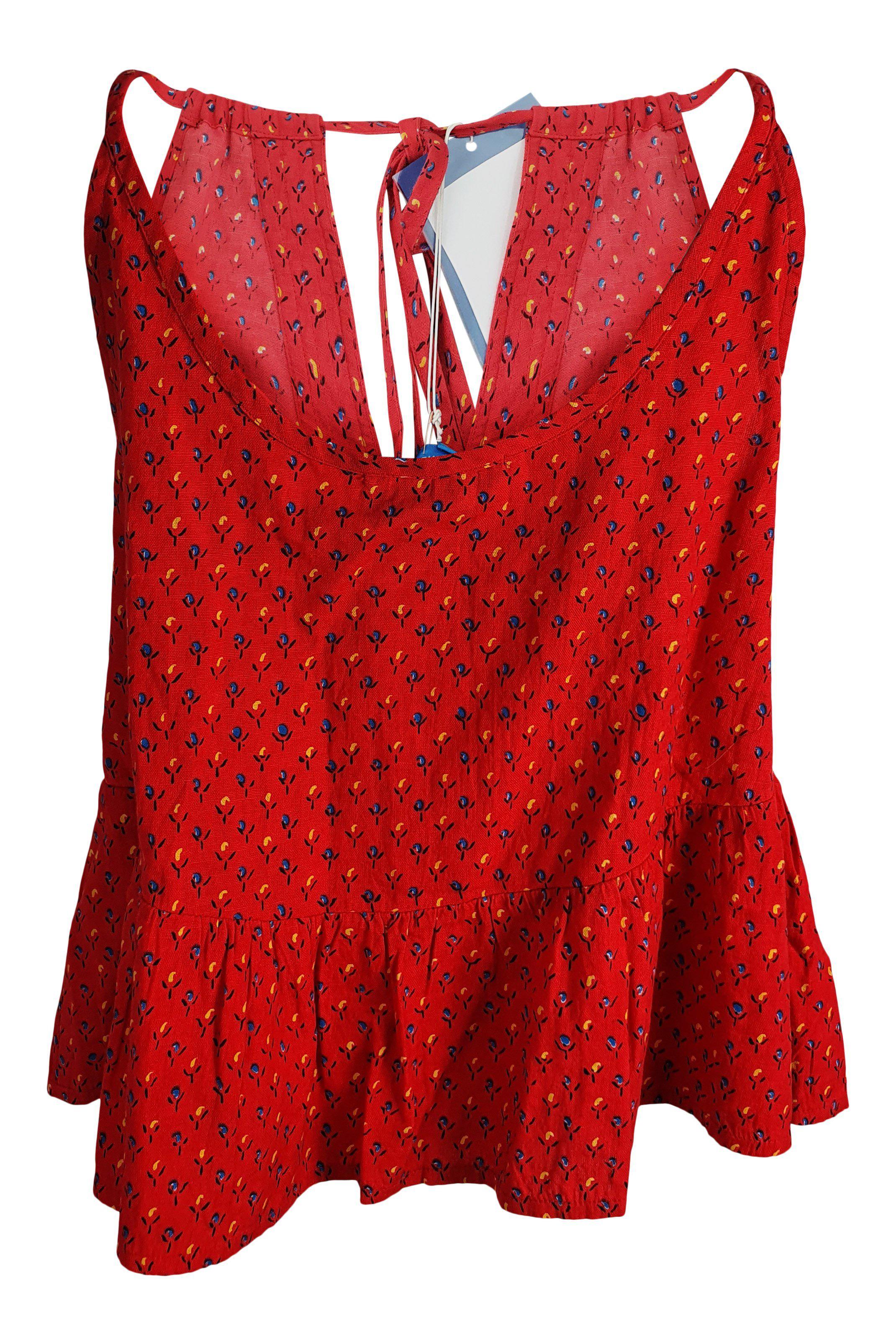 M.I.H Women's Red Cotton Flax Blend Floral Print Tie Neck Blouse (Size S) - Perfect for Spring Outfits, Date Nights & Casual Wear