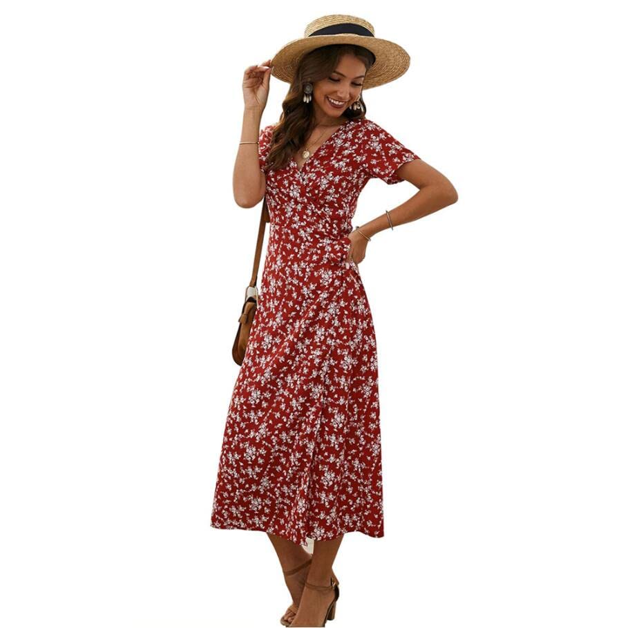 Women's Floral Long Dress - V Neck Short Sleeve Slim Fit Navy Blue Summer Dress for Beach, Party & Casual Wear