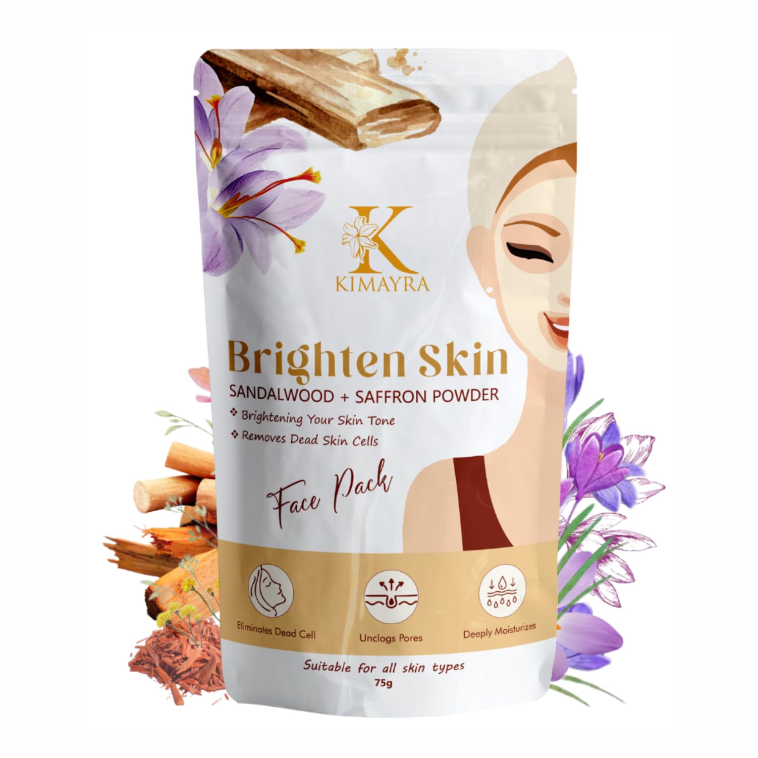 Kimayra Sandalwood & Saffron Face Pack Powder - Brightens Skin Tone, Removes Dead Cells & Deeply Moisturizes | Natural Skincare for All Skin Types (75g, Pack of 5) | Perfect for Daily Glow Routine & Spa Treatments