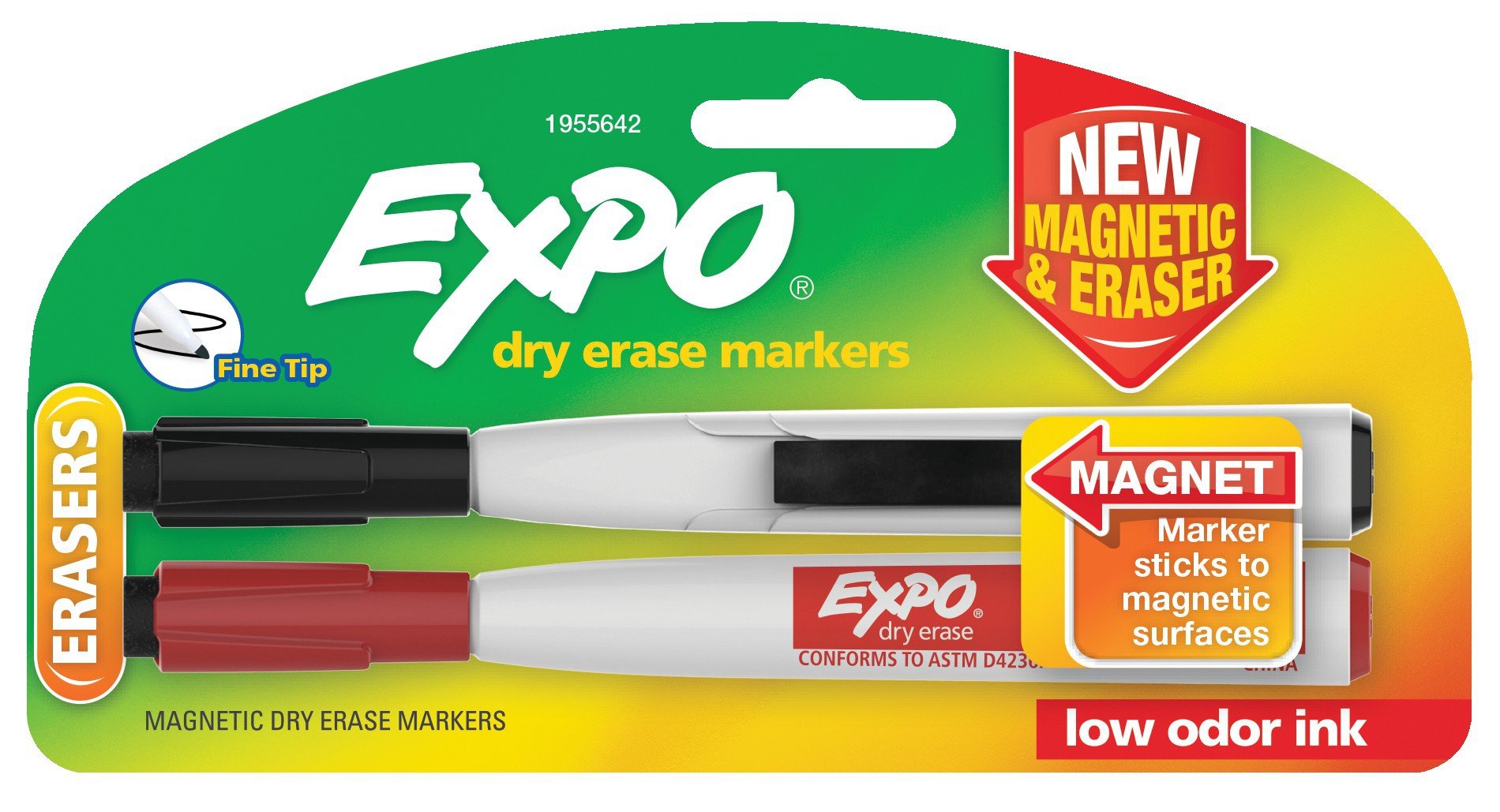EXPO 1955642 Fine Tip Magnetic Dry Erase Markers with Eraser - 2 Pack Assorted Colors for Whiteboards, Fridge & Office Use