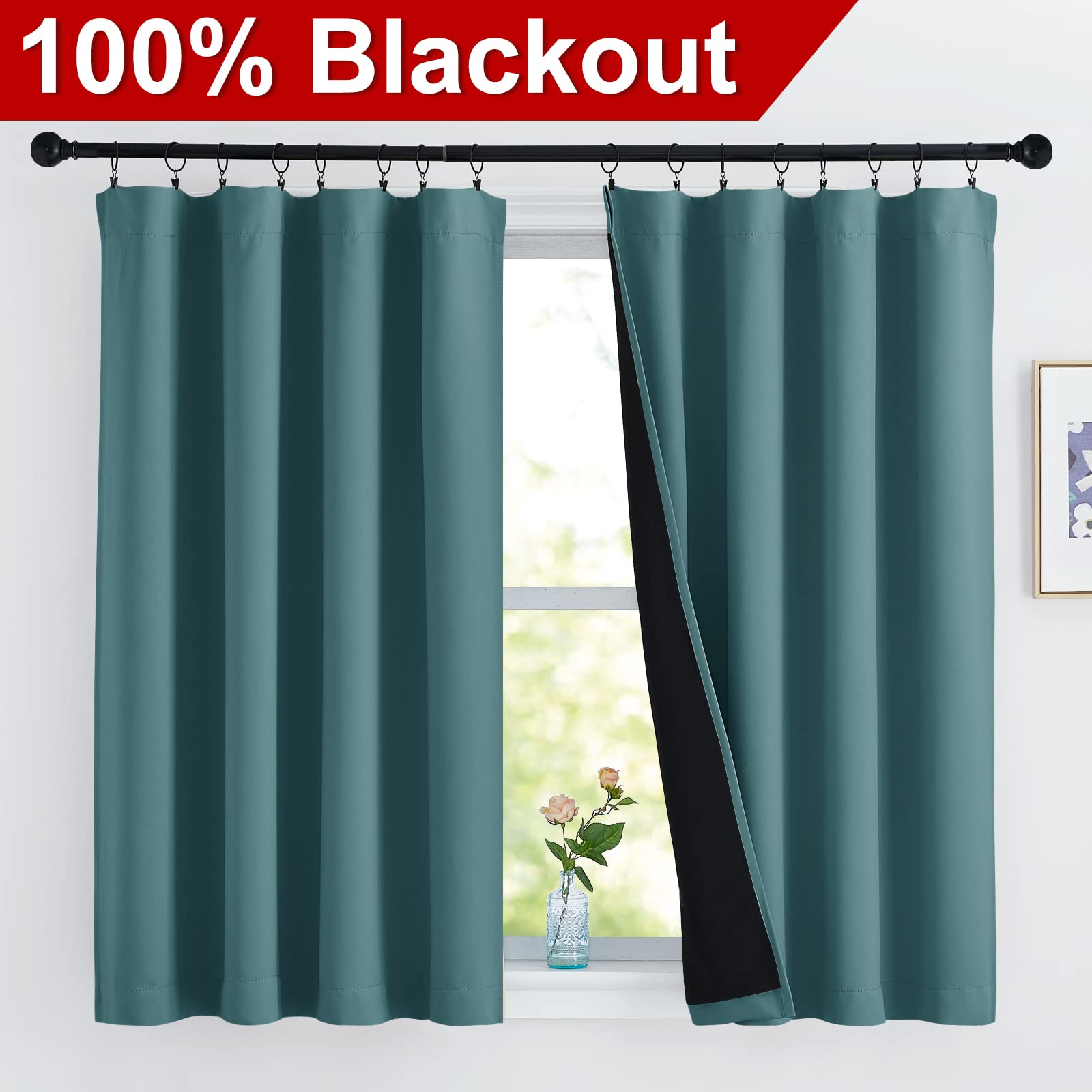 NICETOWN 100% Blackout Thermal Insulated Curtains - 2 Panels, 52x54 Inches, Sea Teal - Black Lined Drapes for Dining Room, Bedroom & Living Room - Energy Saving, Noise Reducing & Room Darkening for Better Sleep & Privacy