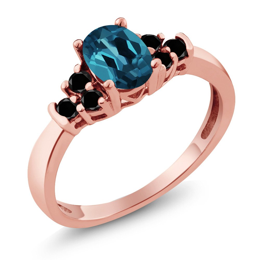0.75 Ct Oval London Blue Topaz & Black Diamond Ring - 925 Sterling Silver Rose Gold Plated - Elegant Jewelry for Women, Perfect for Weddings, Anniversaries & Special Occasions