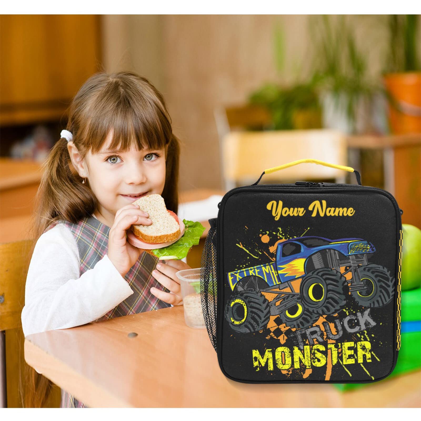 Personalized Monster Truck Insulated Lunch Box for Kids - Reusable School Lunch Tote for Boys & Girls - Perfect for School, Travel & Picnics