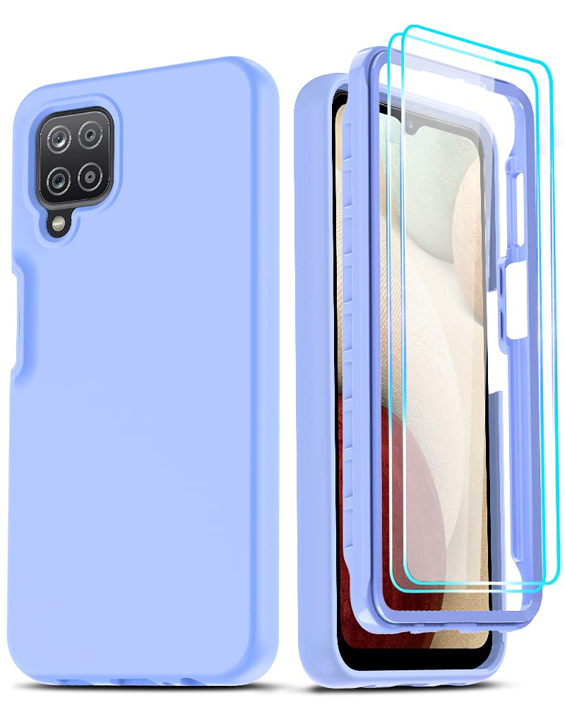Shockproof Samsung Galaxy A12 5G Phone Case with 2 Tempered Glass Screen Protectors - Soft Liquid Silicone Hybrid Full Body Protective Cover (Violet) - Perfect for Outdoor Activities, Work & Daily Use