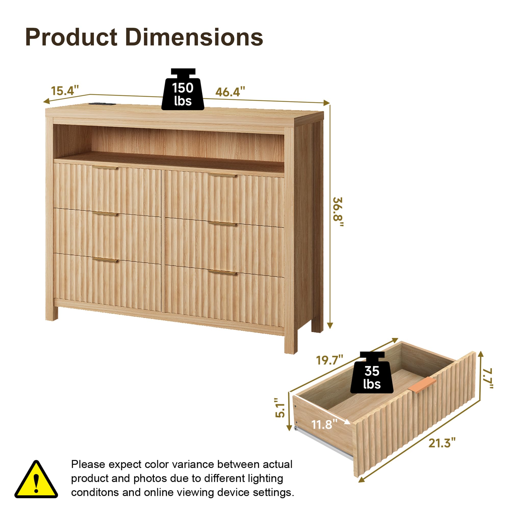 Fluted 6-Drawer Dresser with USB Power Outlet & LED Lights - Modern Boho Chest of Drawers with Charging Station, Large TV Stand Dresser, Double Wooden Drawer Organizer for Bedroom & Living Room (Natural Wood Finish) - Perfect for Small Space Organization & Contemporary Home Decor