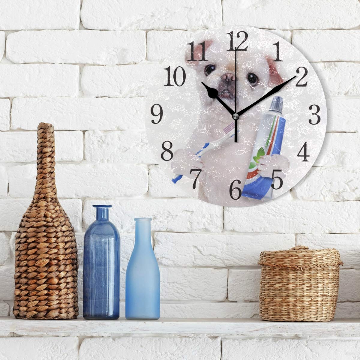 Silent Non-Ticking Dog Brushing Teeth Wall Clock with Arabic Numerals - Perfect for Living Room, Kitchen, Bedroom & Kids Room | Cute Pet-Themed Home Decor for Dog Lovers