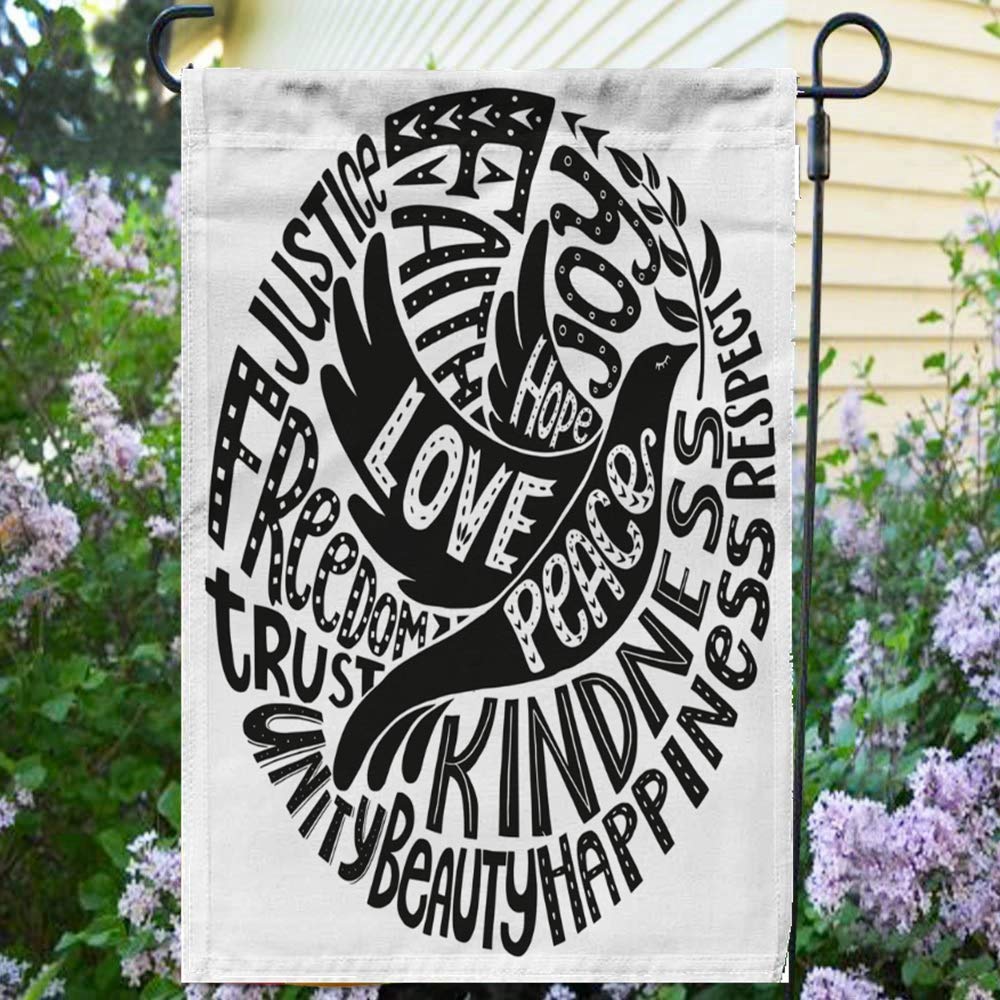 Double Sided Welcome Outdoor Garden Flag 12x18 Inches - Dove Peace Love Faith Joy Hope Kindness Beauty Respect Trust Justice - Seasonal Home Yard Decoration for Spring Summer Fall Winter