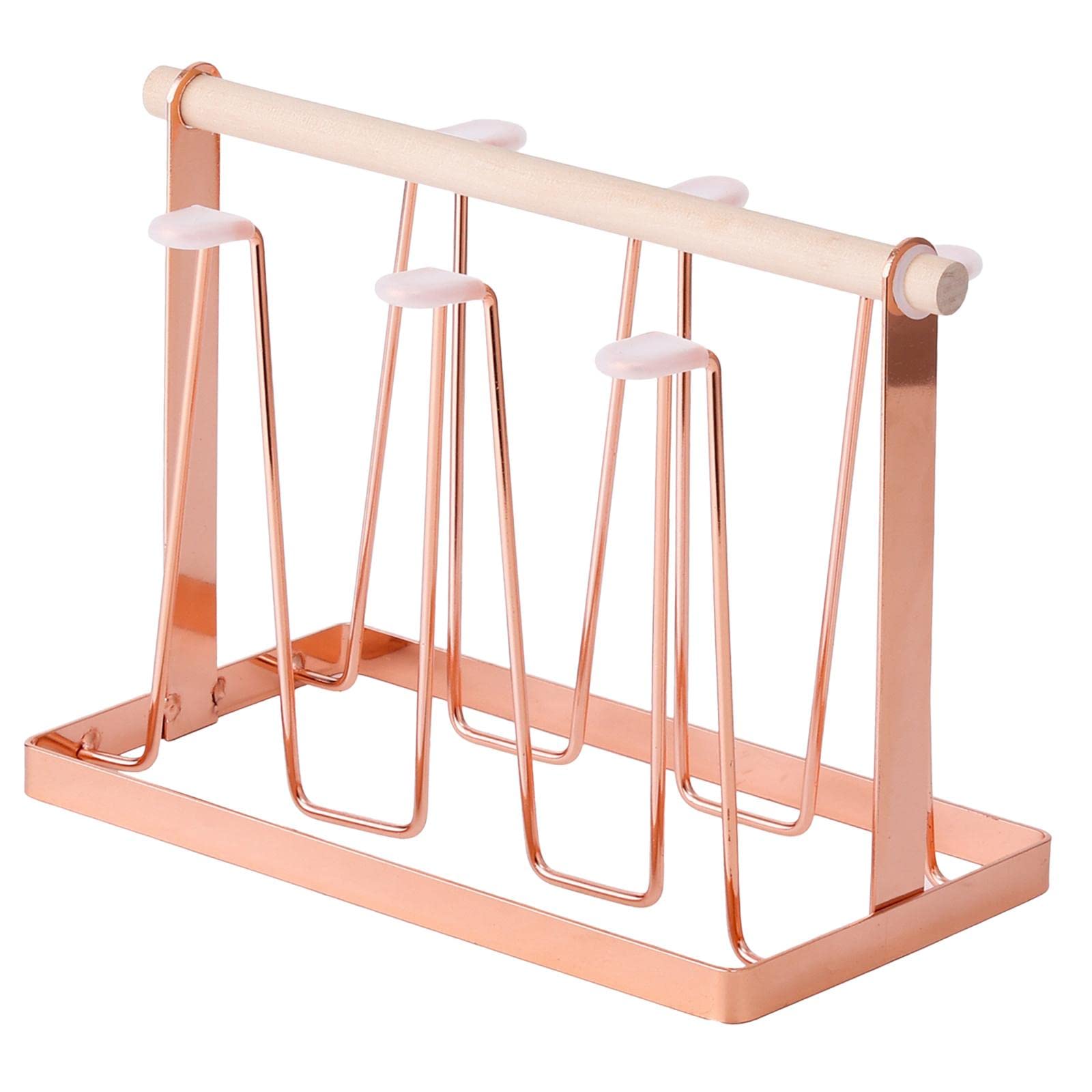 Silicone Cup Drying Rack with 6 Hooks - Rose Gold Countertop Holder for Bottles, Glasses & Kitchen Utensils | Space-Saving Drainer for Home, Office & RV Use