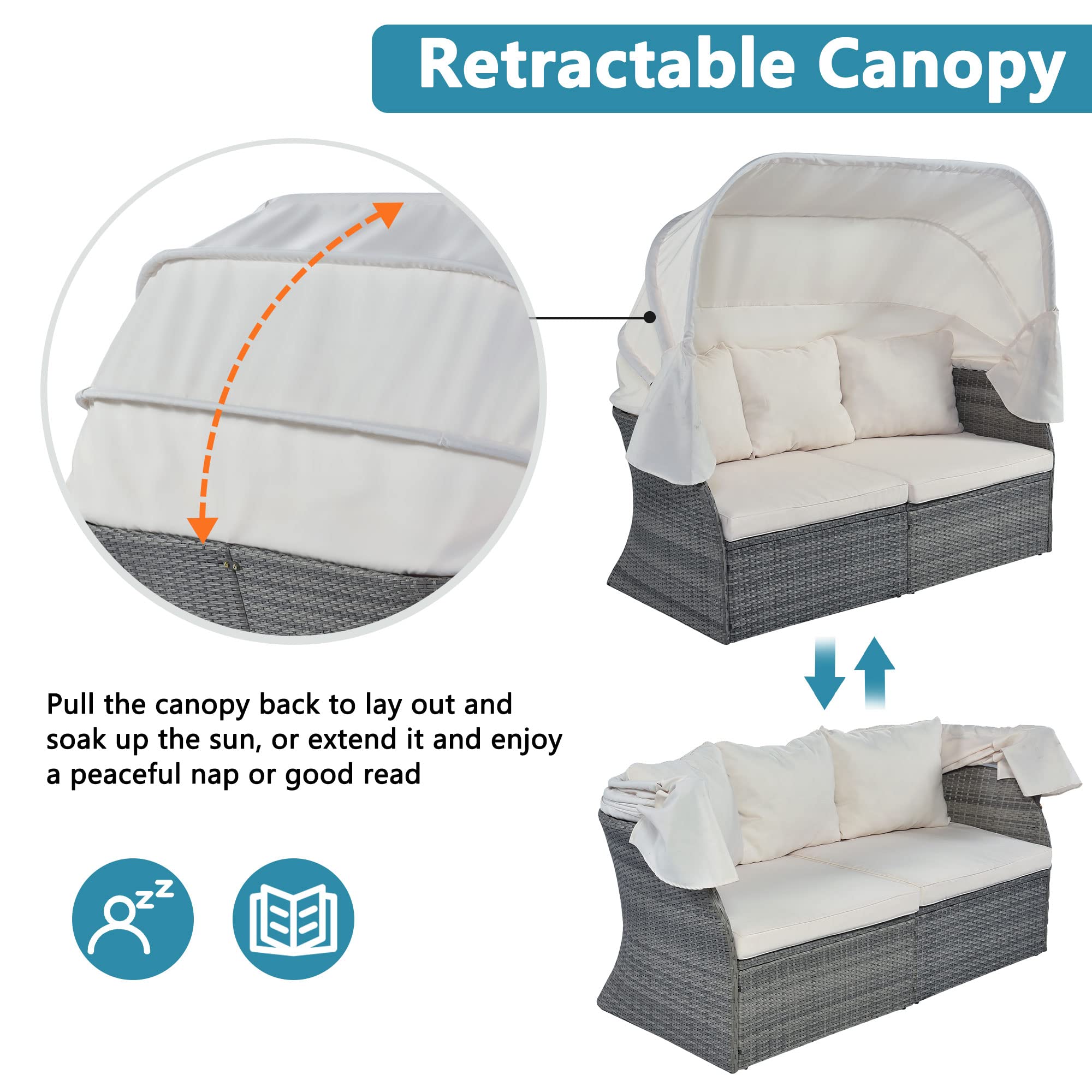 Polibi Patio Sunbed with Retractable Canopy - Rattan Wicker Outdoor Daybed Sofa Set with Soft Beige Cushions - Perfect for Garden, Poolside, Backyard, and Patio Relaxation