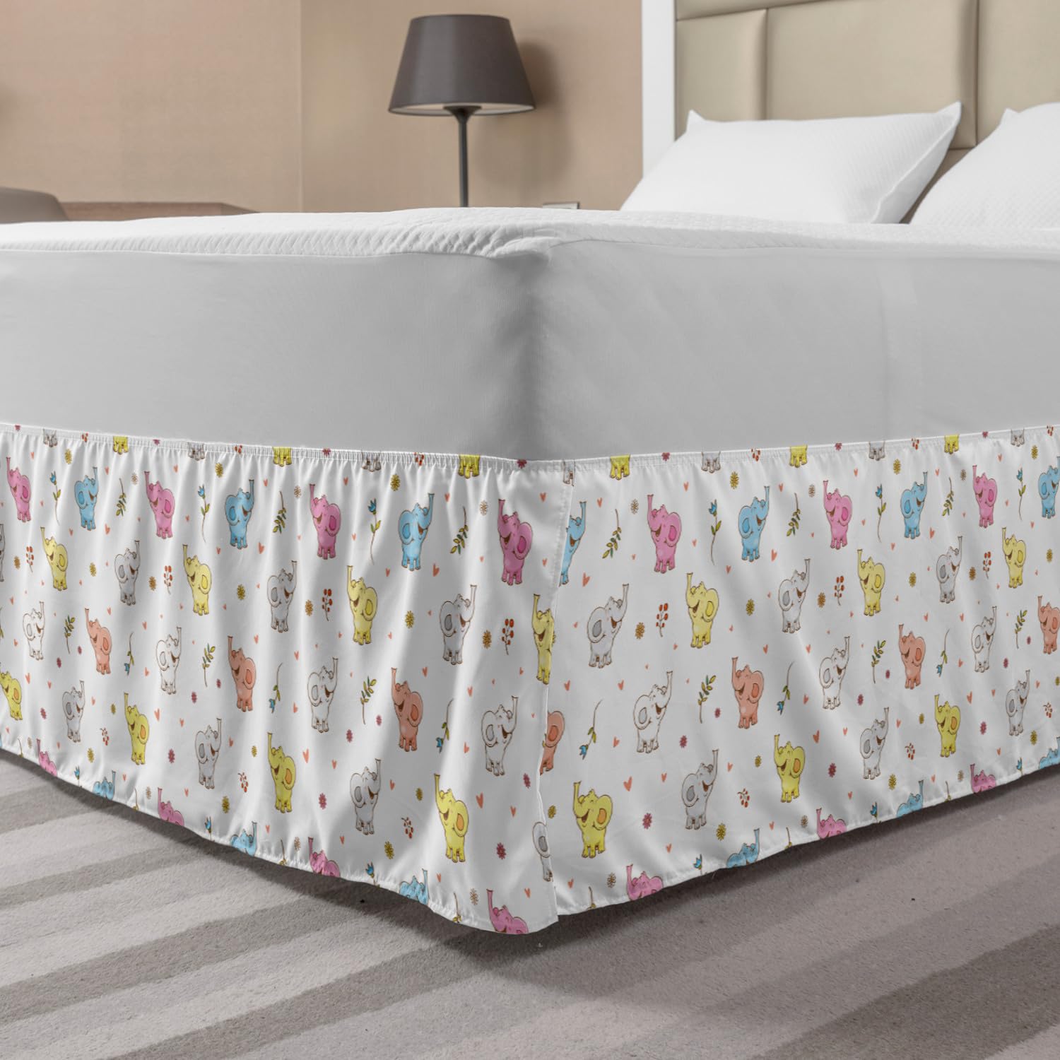 Ambesonne King Size Elastic Bed Skirt - Spring Woodland Animals with Leaves & Hearts Design, Wrap Around Dust Ruffle Bedskirt for King Beds, Multicolor - Perfect for Nursery, Kids Room or Cozy Bedroom Decor