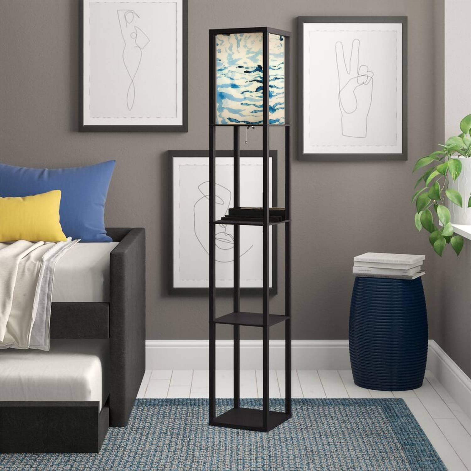 Zebra Print Modern Floor Lamp with Shelves, USB Ports & Power Outlet - White Animal Print Standing Lamp with Linen Fabric Shade for Living Room, Bedroom, Office - Tall Corner Lamp for Reading & Decor