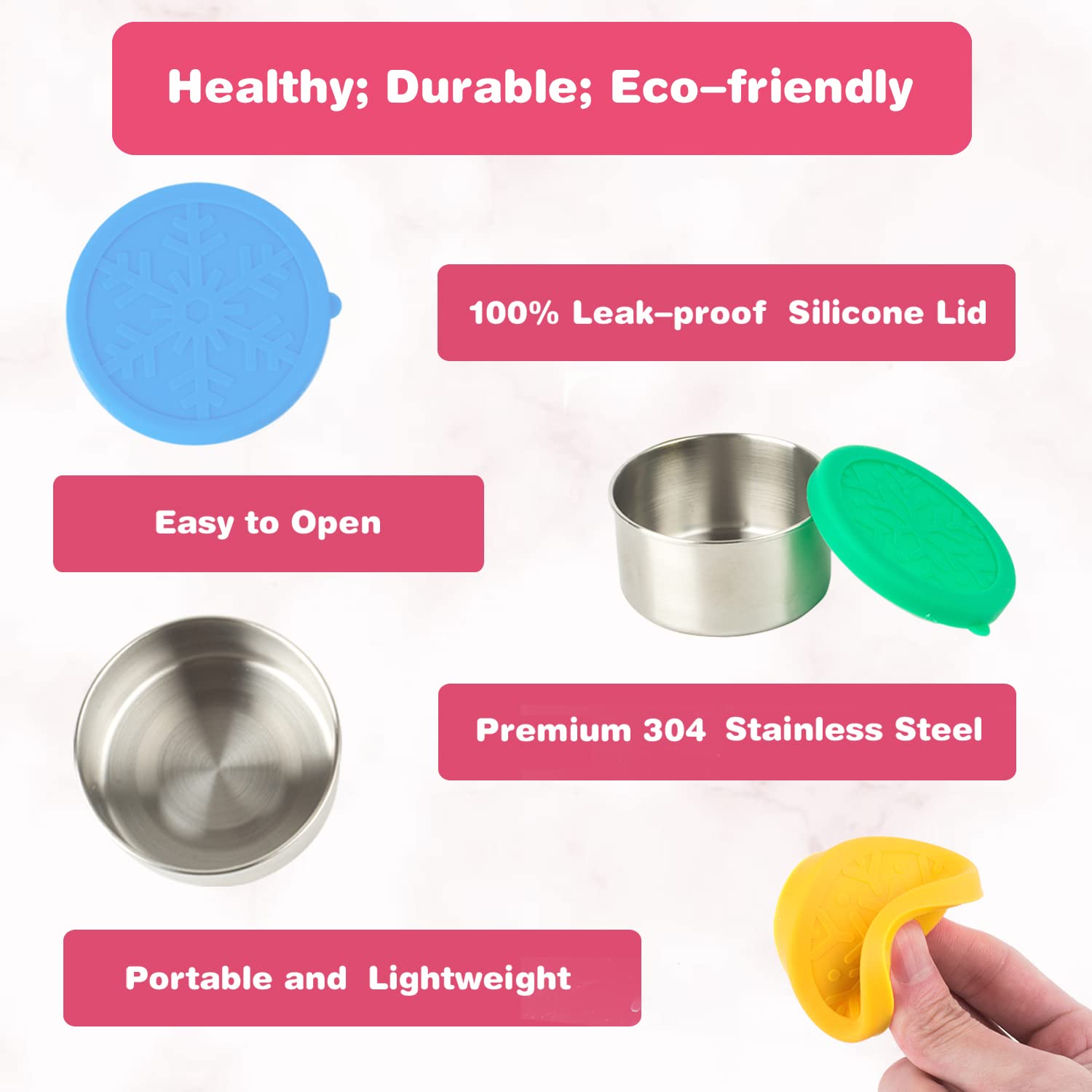 LALASTAR 3-Piece Stainless Steel Food Storage Containers Set with Leakproof Silicone Lids (110ml, 220ml, 400ml) - Reusable Metal Lunch Box for Snacks, Bento, Sauces & Meal Prep - Perfect for Office, School, Picnics & Travel