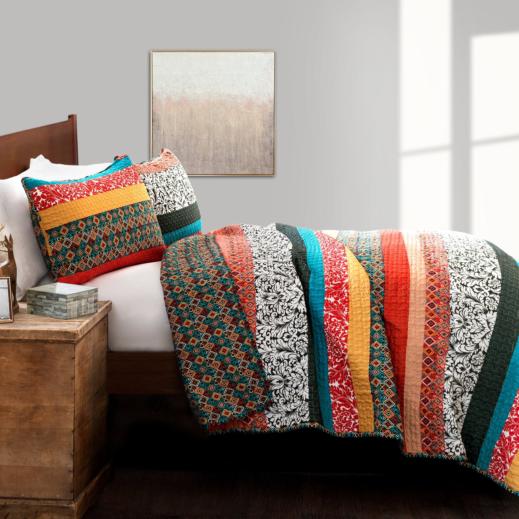 Boho Stripe 3-Piece Quilt Set - Queen Size, Soft Cotton Bedding for Bohemian Style Bedroom Decor | Perfect for Guest Rooms, Master Bedrooms & Cozy Home Styling