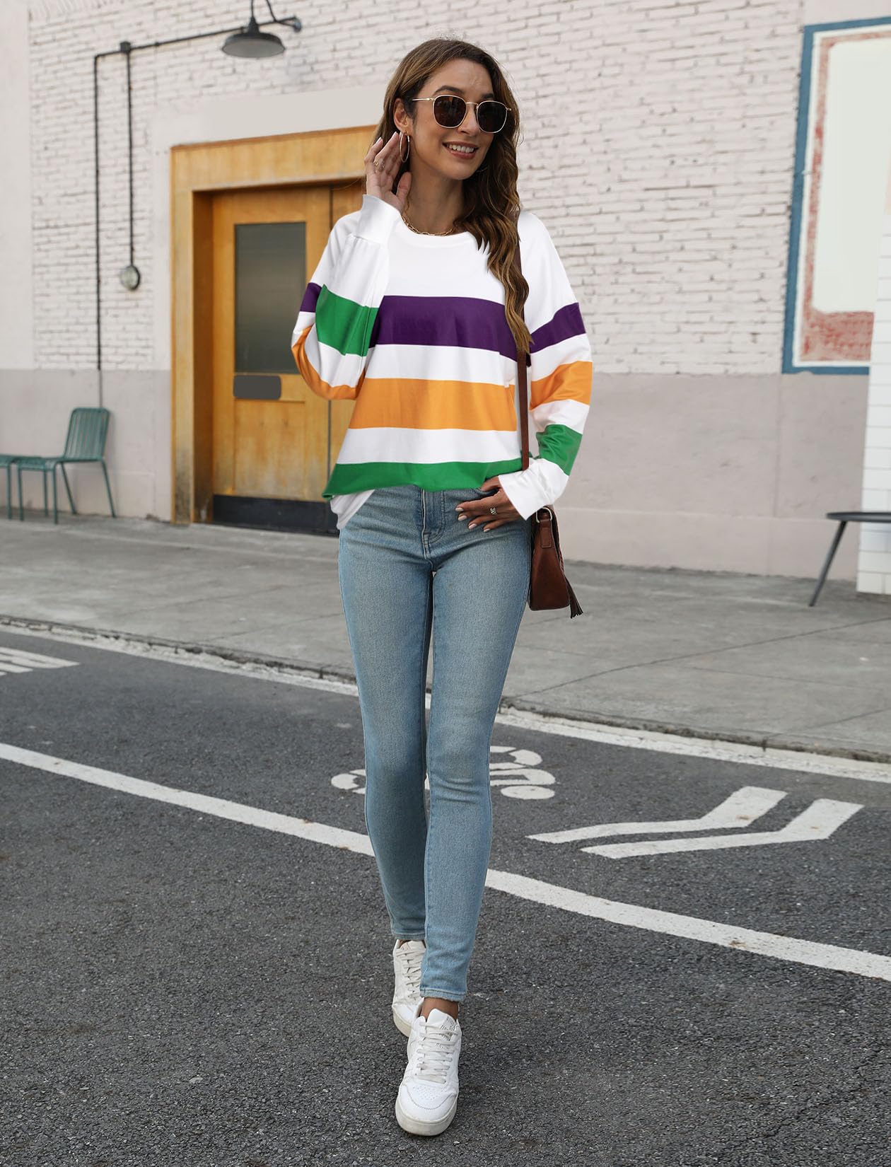 Women's Mardi Gras Shirt - Striped Fat Tuesday Tee for New Orleans Carnival Party - Long Sleeve Top for Festive Celebrations & Costume Parties