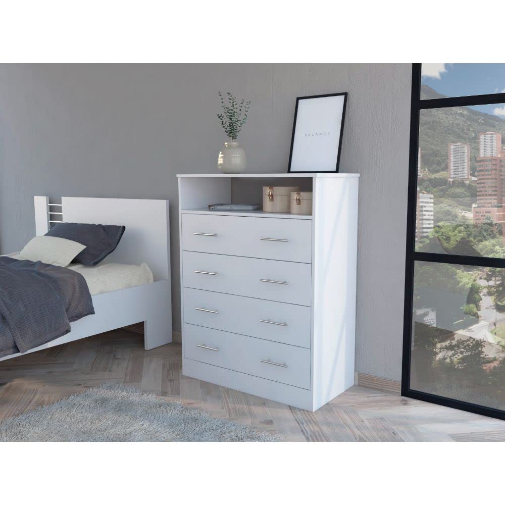 Serbian Four Drawer Dresser with Countertop & Open Shelf - White Wooden Bedroom Storage Cabinet | Perfect for Bedroom Organization, Closet Storage & Home Decor