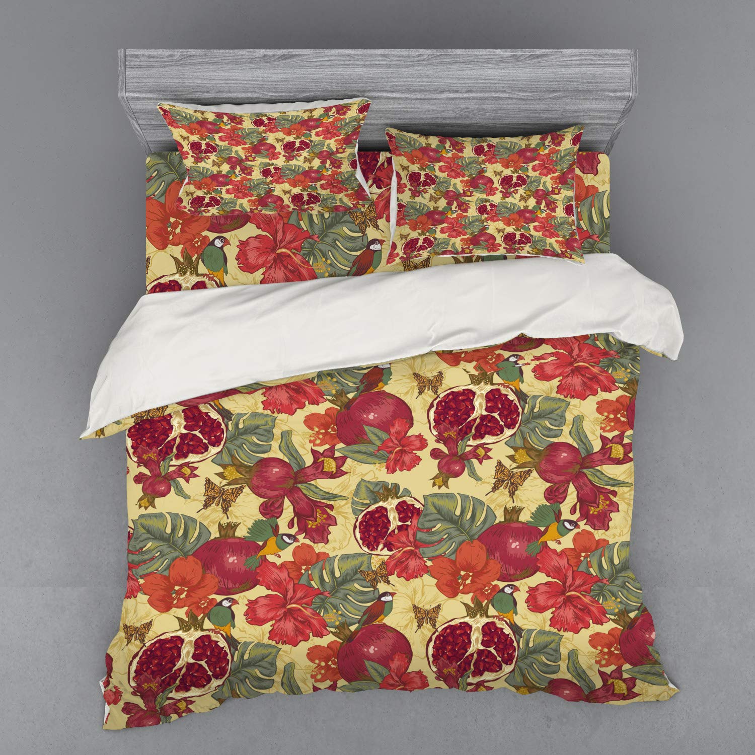 Ambesonne Red Duvet Cover Set - 4 Piece King Size Bedding with Shams & Fitted Sheet, Tropical Birds Butterflies Flowers Pomegranate Design in Red & Beige - Perfect for Bohemian & Tropical Bedroom Decor