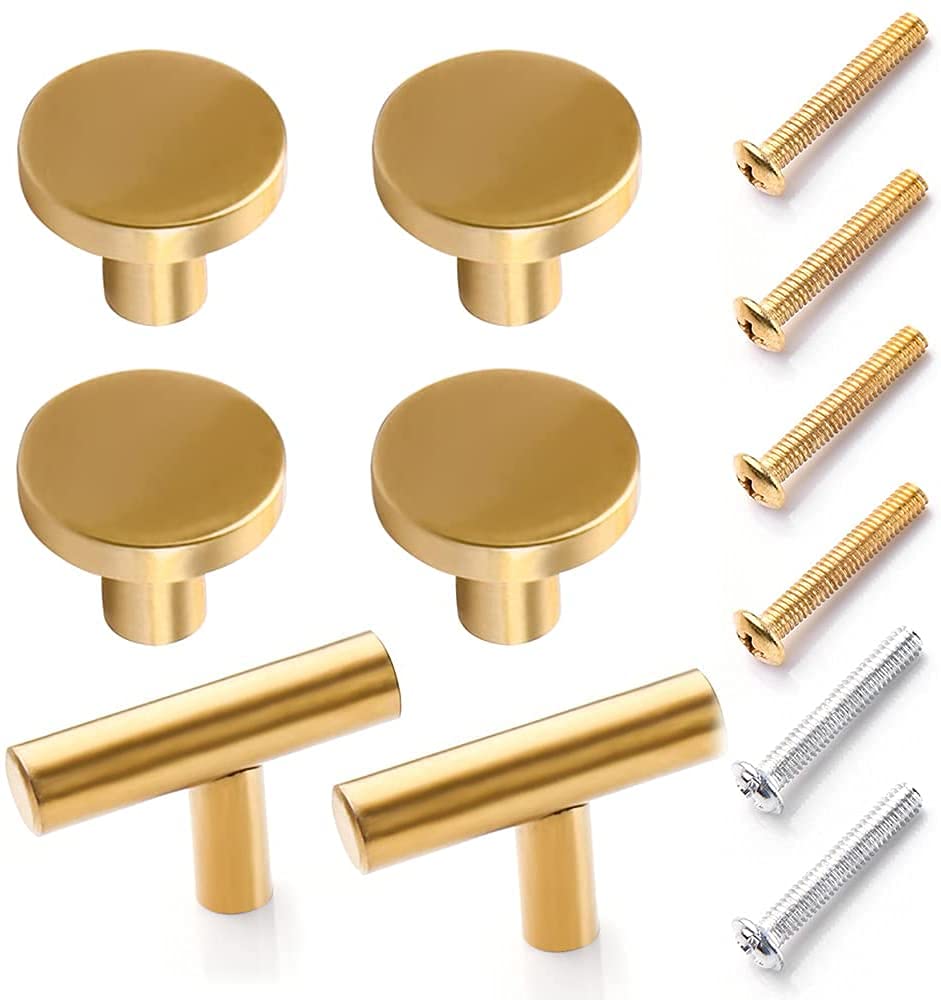 Stainless Steel Cabinet Knobs - 6 Pack Silver T-Bar Drawer Pulls for Kitchen Cabinets, Single Hole Furniture Handles (50mm/2 Inch Length, Gold 2) - Perfect for Modern Home & Office Storage Organization