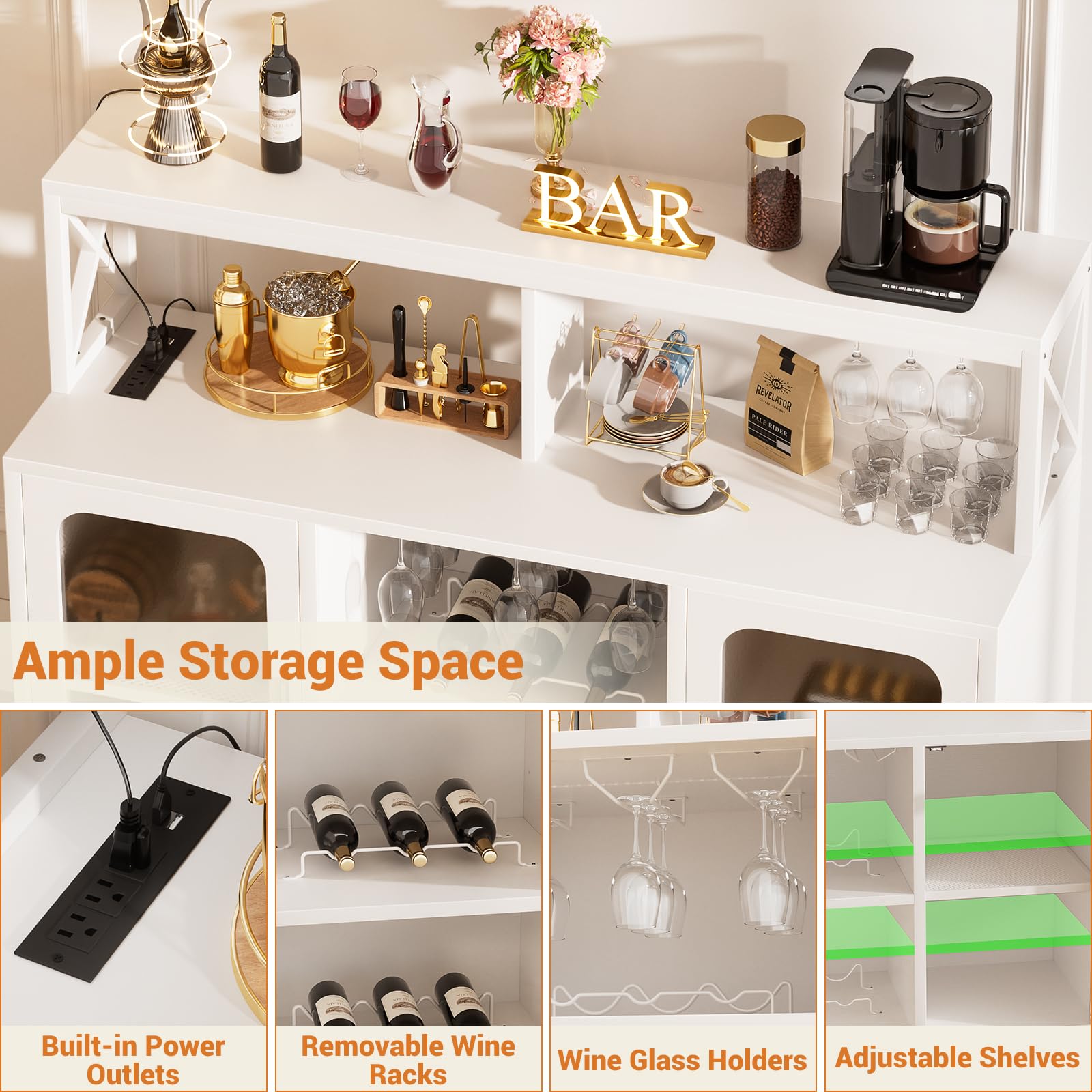 Aheaplus Modern Bar Cabinet with Power Outlet & LED Lights - Wine Storage Cabinet with Glass Holders, Adjustable Shelves - Perfect for Home Bar, Kitchen Coffee Station & Entertaining - White (Model S3)
