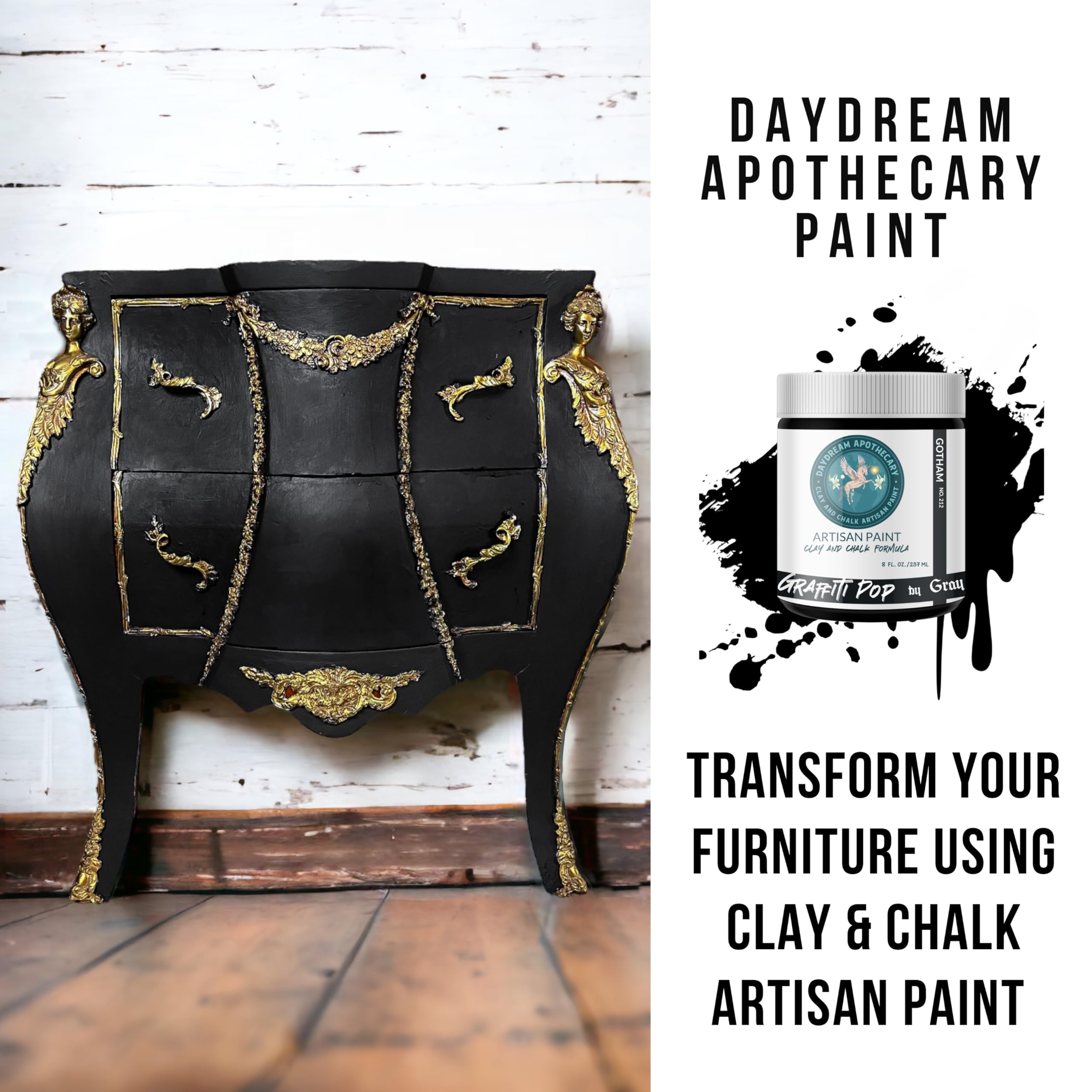 Premium Matte Black Chalk & Clay Paint for Furniture - 16oz Non-Toxic DIY Wood Paint for Home Décor, Artists & Crafters | Perfect for Upcycling Furniture, Cabinets, and Creative Art Projects