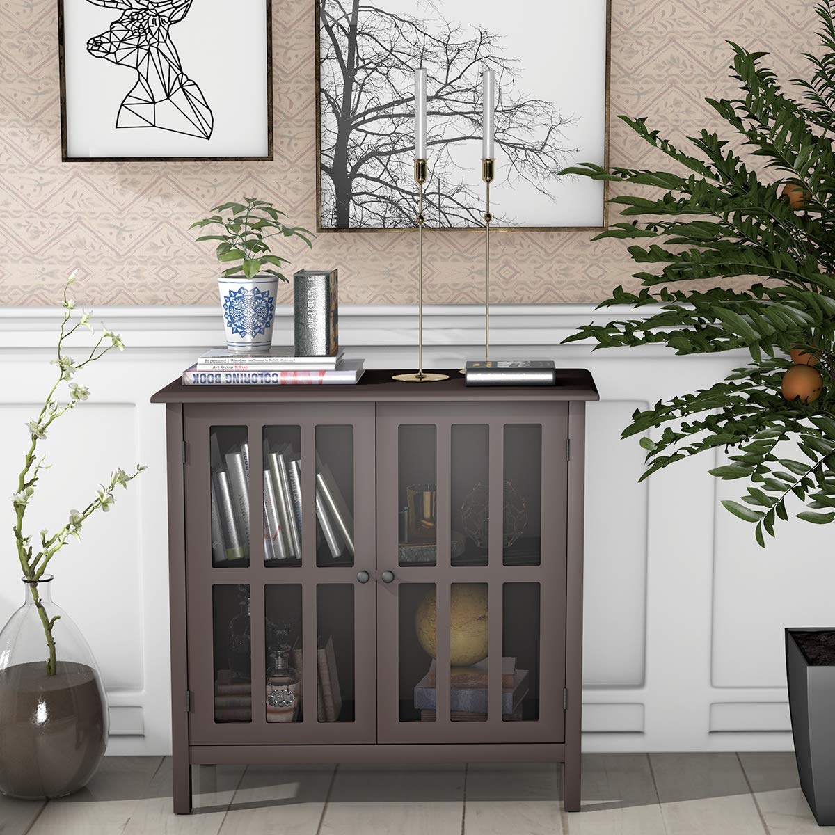 Tangkula Sideboard Buffet Cabinet with 2 Glass Doors - 60