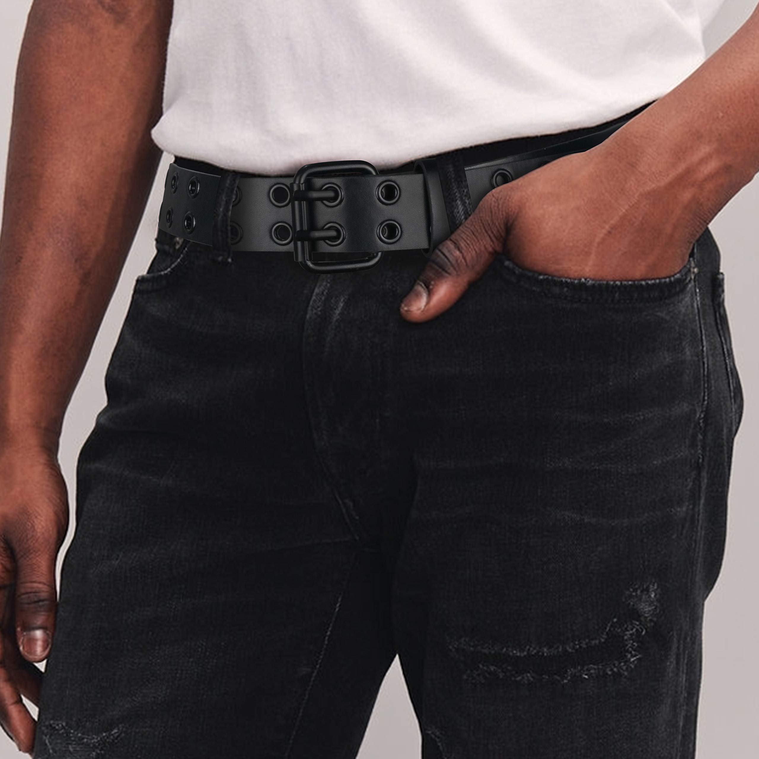 Stylish Grommet Leather Belts for Women & Men - Adjustable Black Belt with Double Hole Design | Perfect for Casual Wear, Office Outfits & Jeans