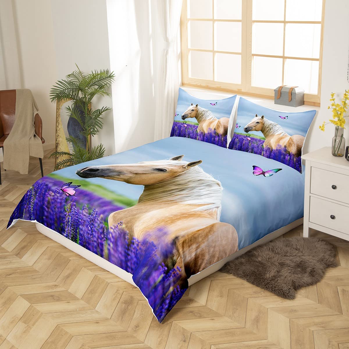 **Purple Lavender Castle Fairy Horse Twin Bedding Set – Floral Butterfly Duvet Cover with 1 Pillow Sham, Kids Boys Room Decor, Wild Animal & Natural Floral Quilt Cover Set (2 Pcs) – Perfect for Nursery, Bedroom, and Fantasy-Themed Decor**