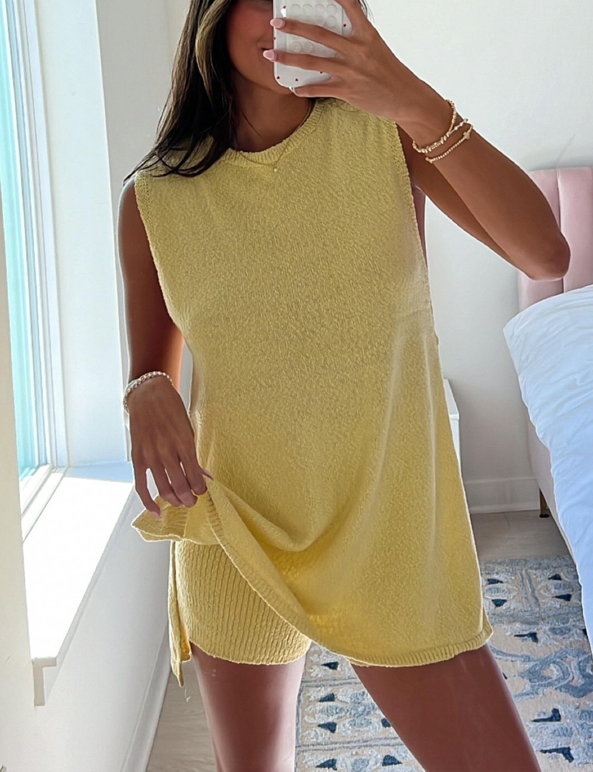 QIBABU Women's 2-Piece Knit Pajama Set - Sleeveless Sweater Tank Top & Shorts - Soft Casual Loungewear for Home, Sleep & Relaxation