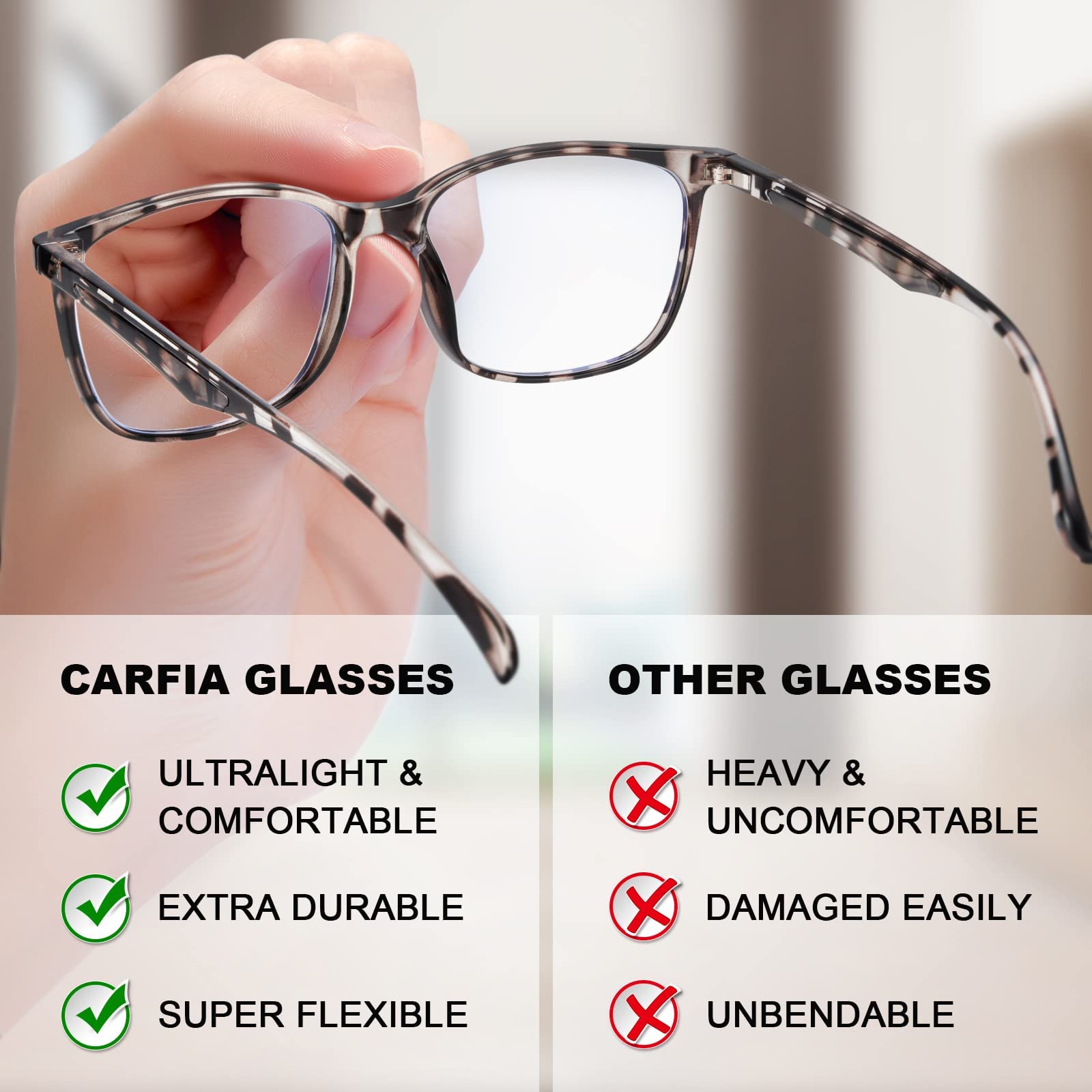 CARFIA Blue Light Blocking Glasses for Women & Men - Anti Eyestrain Computer Gaming Glasses with Case - Lightweight UV Protection Eyewear for Office, Gaming & Digital Screen Use