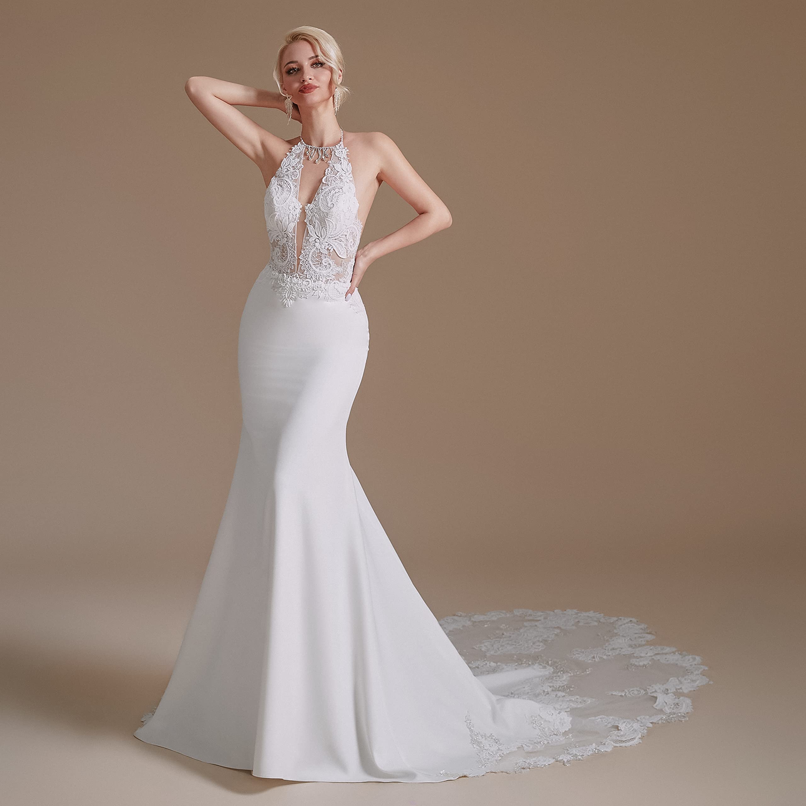 Elegant Halter Lace Applique Mermaid Wedding Dress for Bride - Beach, Party & Formal Occasions | Perfect for Beach Weddings, Evening Galas & Special Events