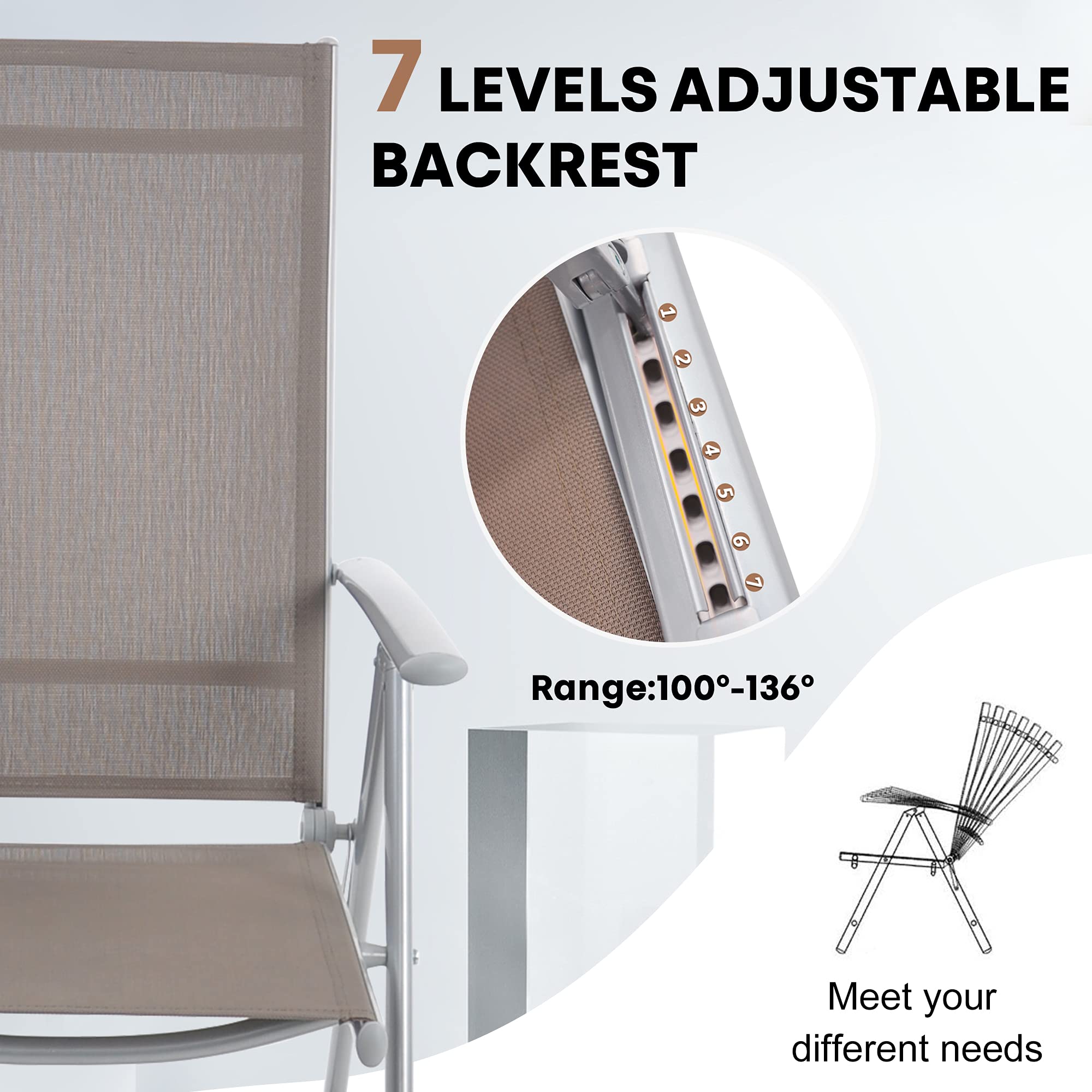 TRY & DO Set of 2 Patio Sling Chairs - Aluminum Frame Folding Lawn Chairs with Armrest & Adjustable High Backrest - Portable Outdoor Chairs for Camping, Dining, Pool, Beach, Garden - Perfect for Backyard Relaxation and Outdoor Gatherings