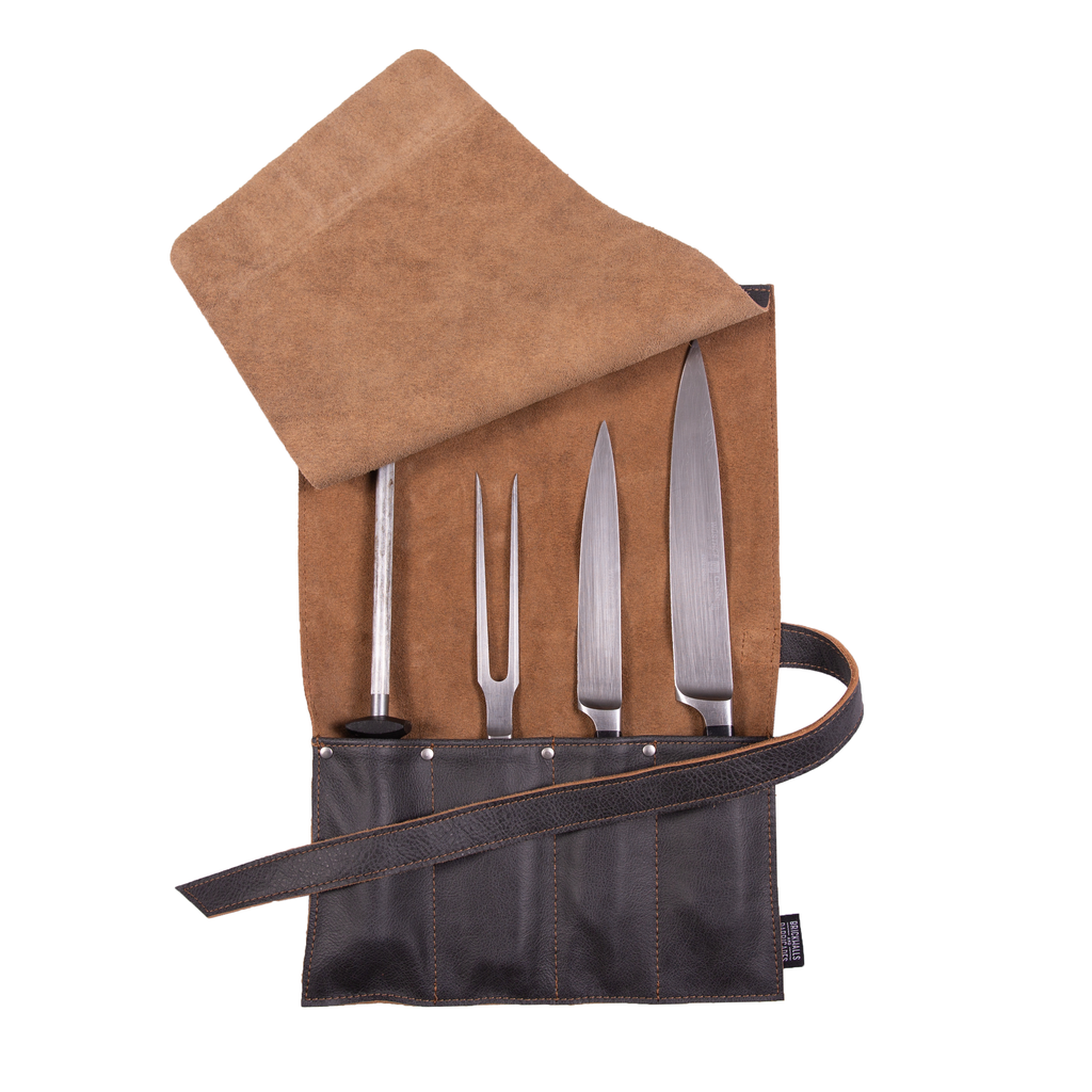 Premium Leather Knife Roll Pouch - 4 Slot BBQ Tool Organizer for Chefs, Butchers & Outdoor Cooking Enthusiasts | Perfect for Kitchen, Camping & Grilling Accessories Storage