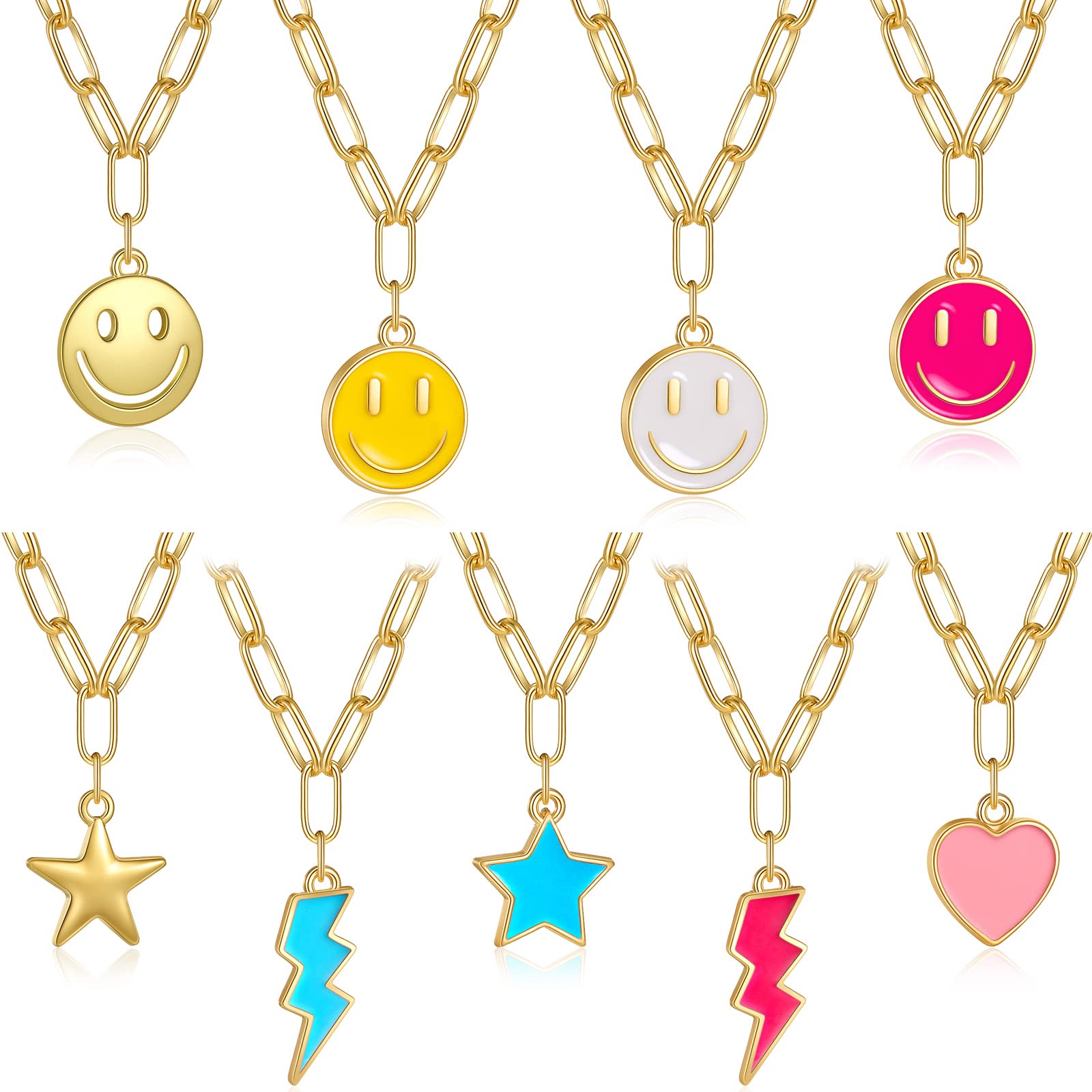 9 Pcs Preppy Necklaces Set for Women - Trendy Y2K Gold Smile Face & Lightning Heart Pendant Jewelry - Perfect for Teens, Daily Wear & Party Accessories