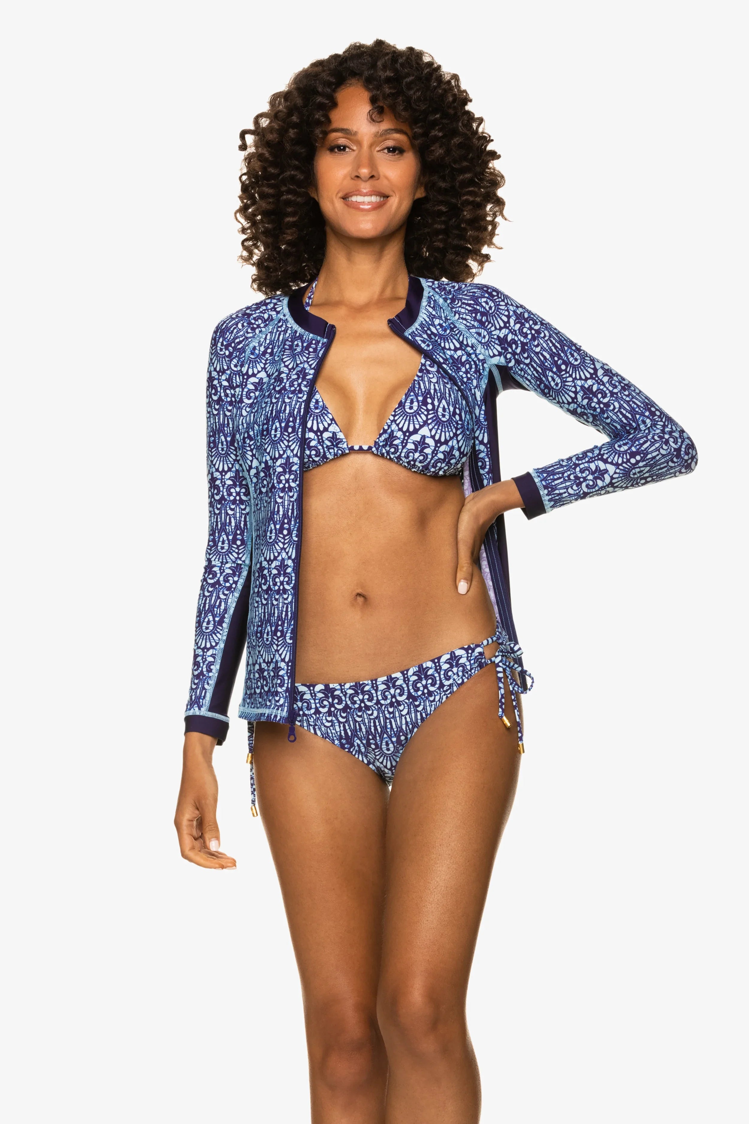 Island UPF 50+ Sun Protection Rash Guard Swim Shirt - Navy Blue Batik Print for Men & Women - Perfect for Beach, Surfing, and Water Sports