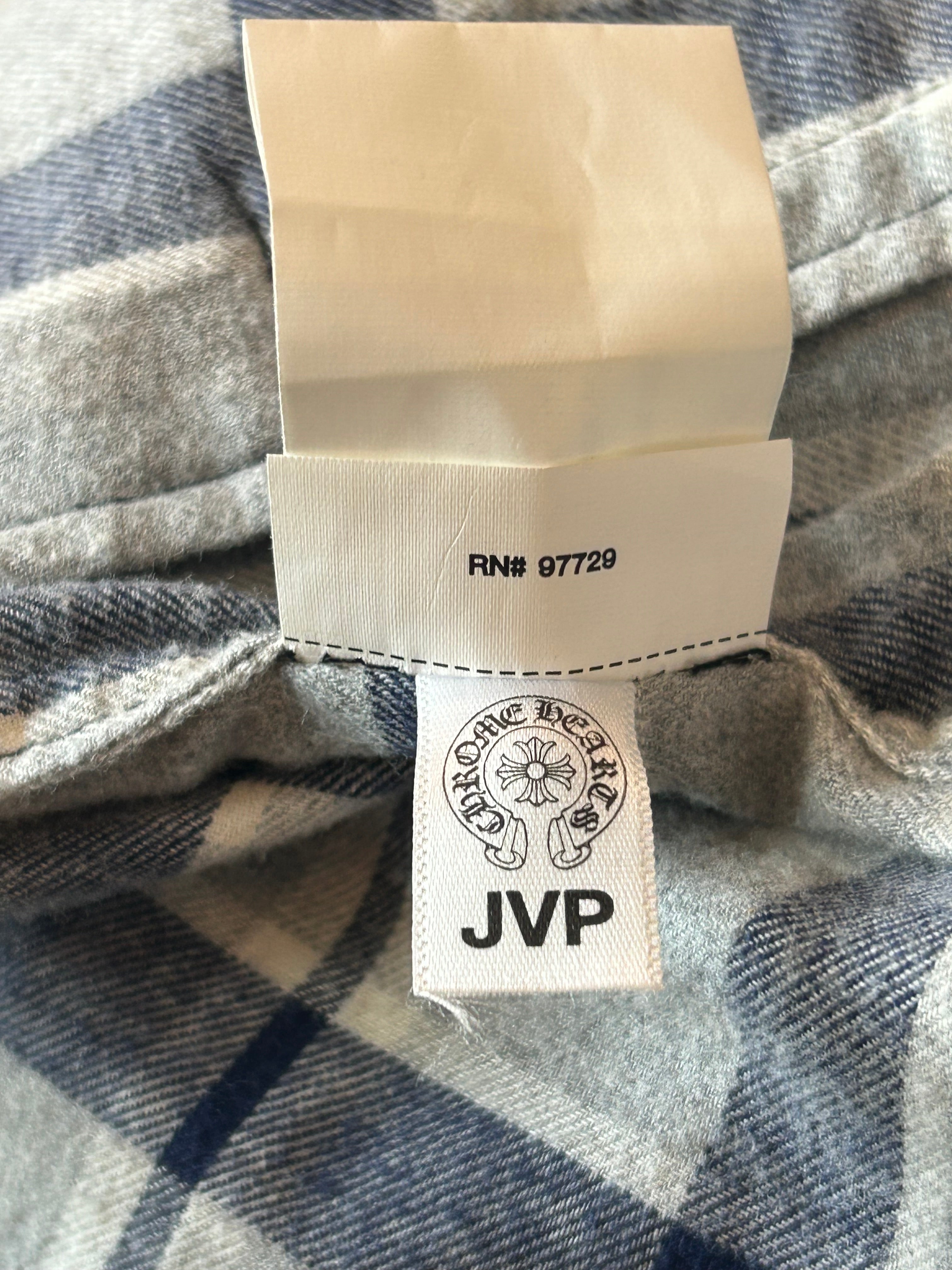 Chrome Hearts Grey & Blue Cross Patch Elongated Flannel Shirt - Stylish Gothic Streetwear for Men & Women | Perfect for Casual Outfits, Concerts and Fashion Statements