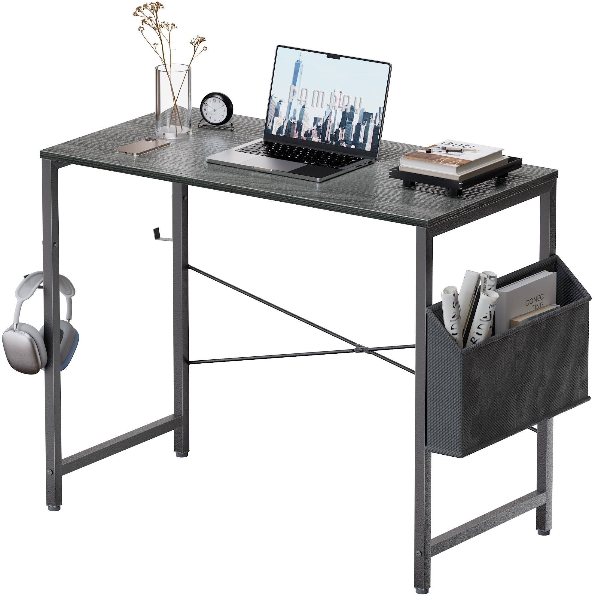 Pamray 32 Inch Small Space Computer Desk with Storage Bag, Study Table for Bedroom, Home Office Writing Desk in Espresso Gray - Perfect for Compact Rooms, Dormitories & Workspaces